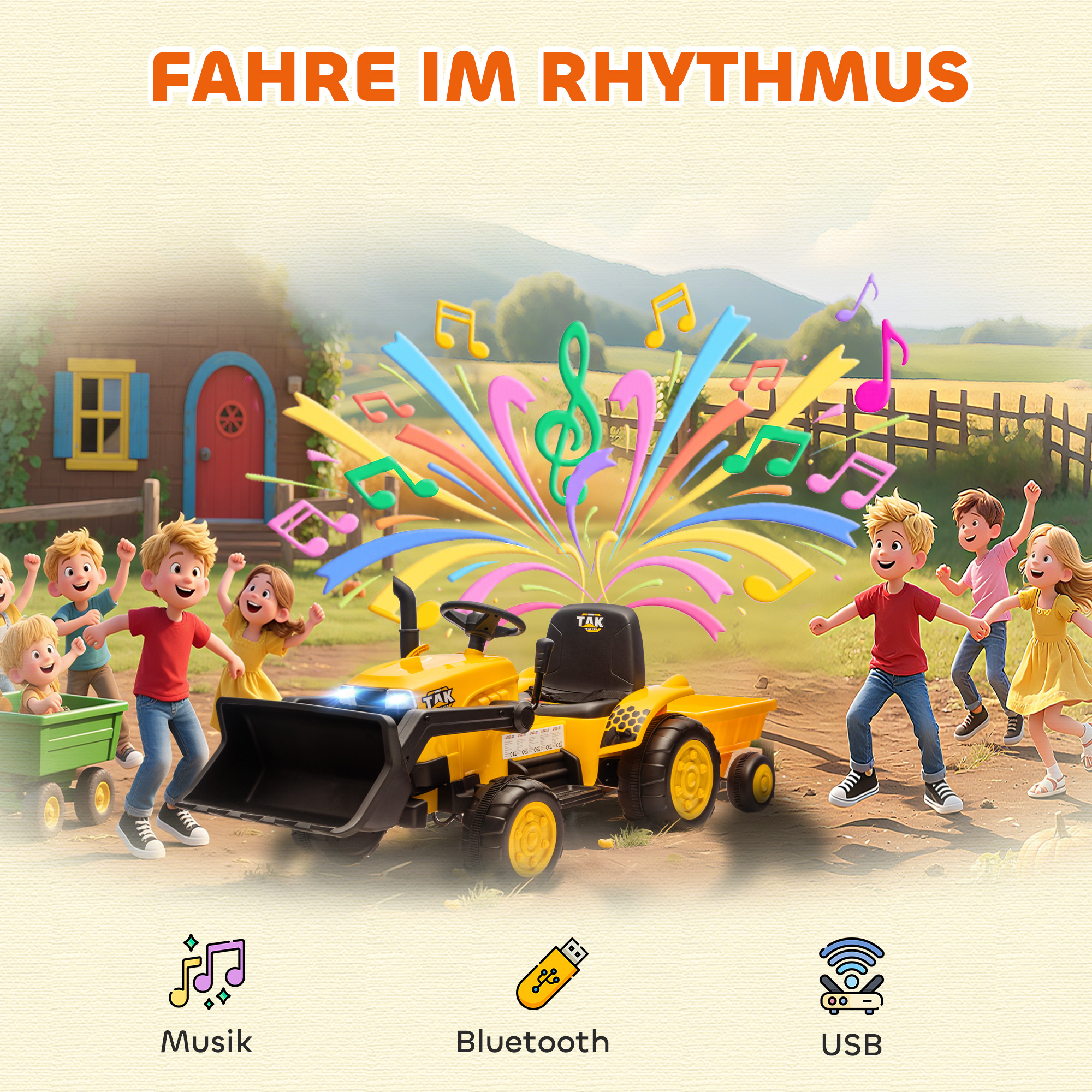 Elektrisches Aufsitz-Baufahrzeug, Spielzeugbagger mit Anhänger, 3-8 Jahre, Kunststoff, Stahl, Gelb