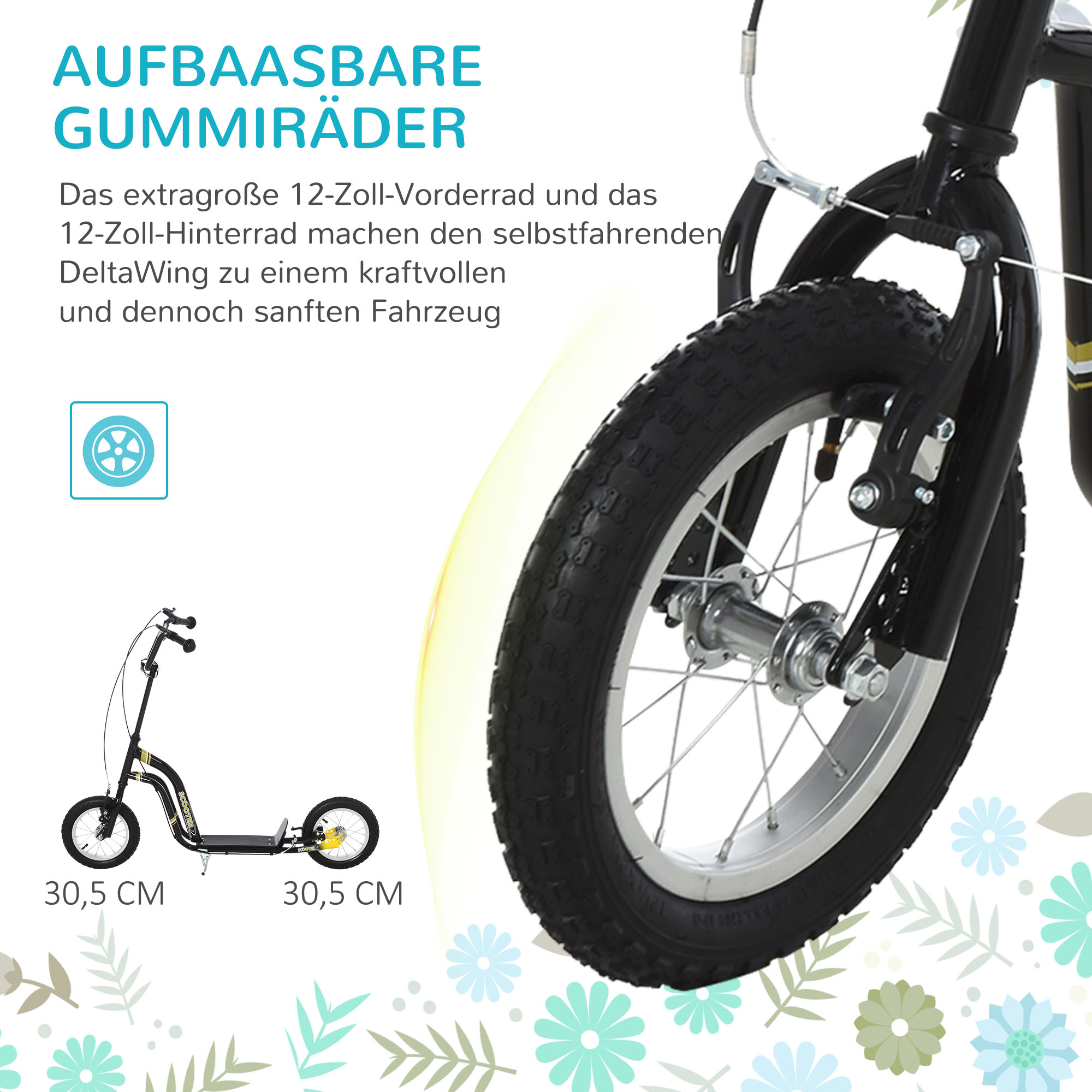 Kinderroller ab 5 Jahre Scooter Kinderscooter Tretroller Cityroller Kinder Roller Kickboard mit Luftreifen 12 Zoll Gummi Aluminium Schwarz 120 x 58 x 85-95 cm