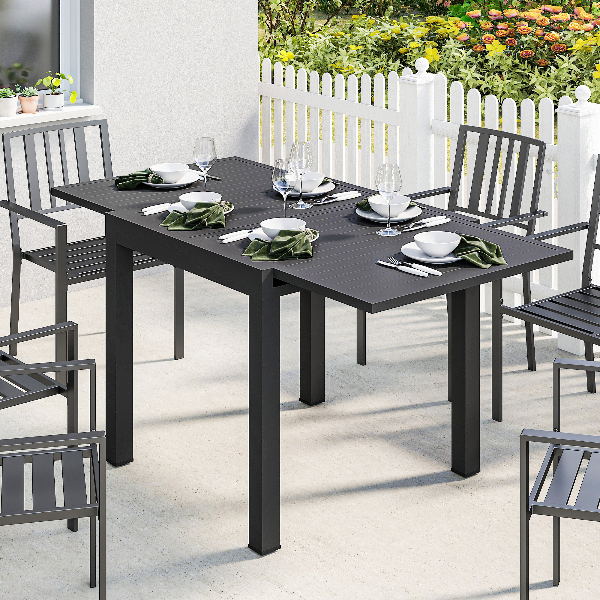 Gartentisch Ausziehbarer 80/160 x 80 cm Aluminium Esstisch für 4-6 Personen, Rechteckig mit Lamellenplatte