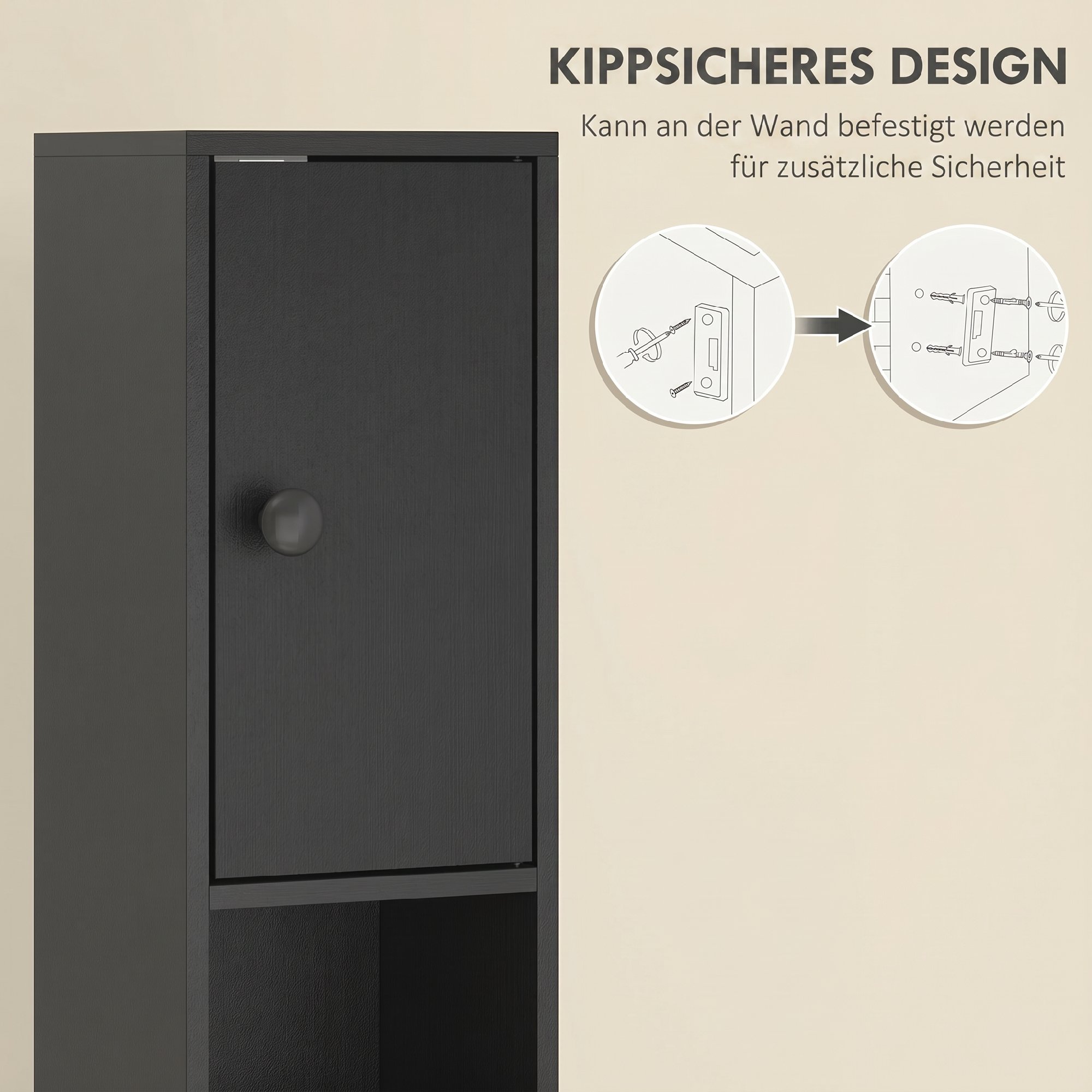 180 cm Schmaler Badezimmerschrank, Toilettenpapierregal mit offenen Fächern, 2 Schränken, Schwarz