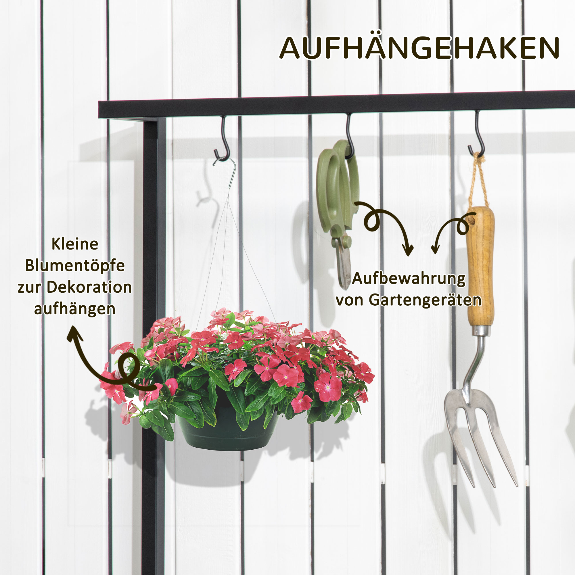 Pflanzenregal mit 3 Ebenen und Befestigungshaken, Blumentreppe aus Naturholz, 80 cm x 36 cm x 174 cm, Natur