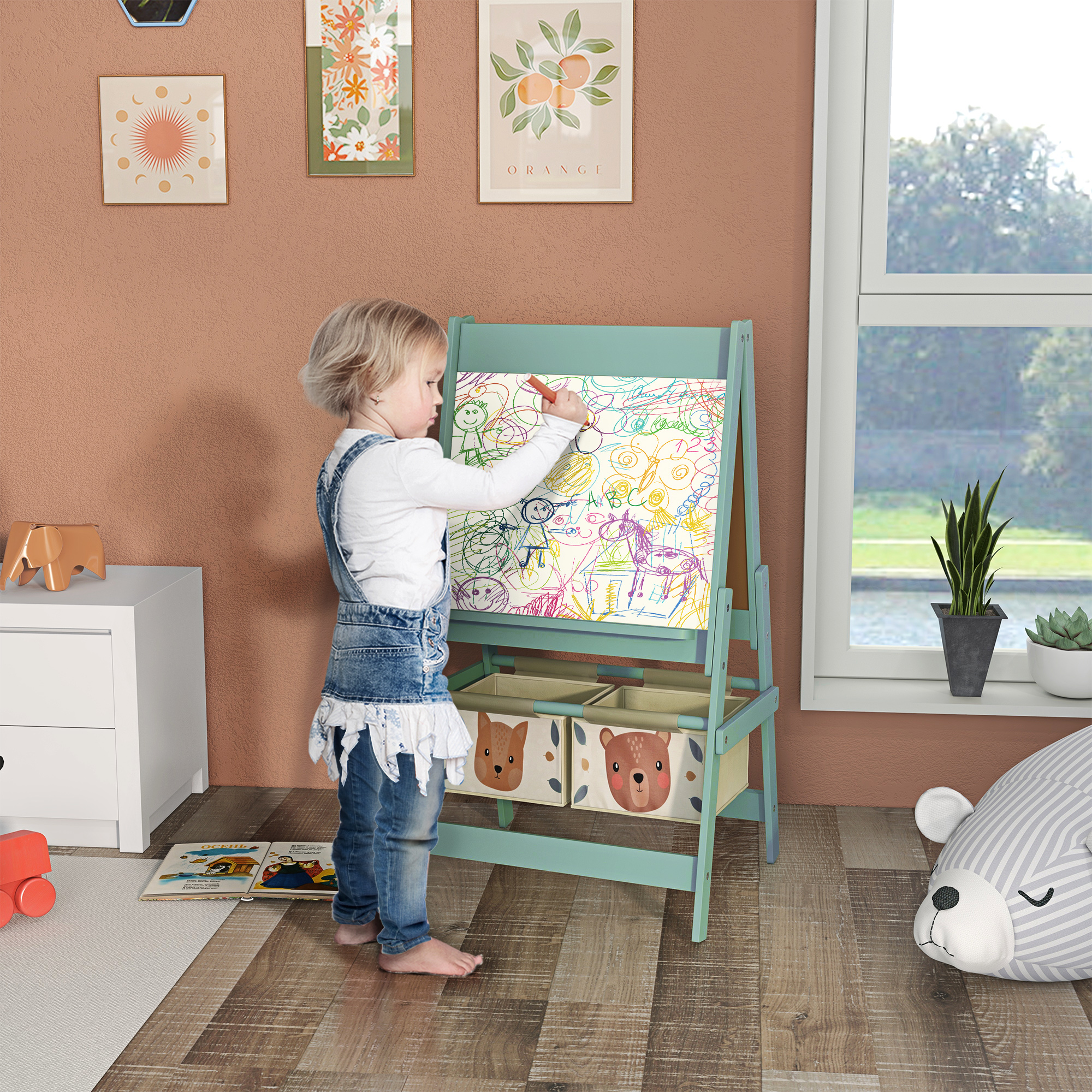 3-in-1 Kinder Staffelei mit Papierrolle, Kreidetafel, Whiteboard, Aufbewahrungskörbe, 54 x 46,5 x 93 cm, grün