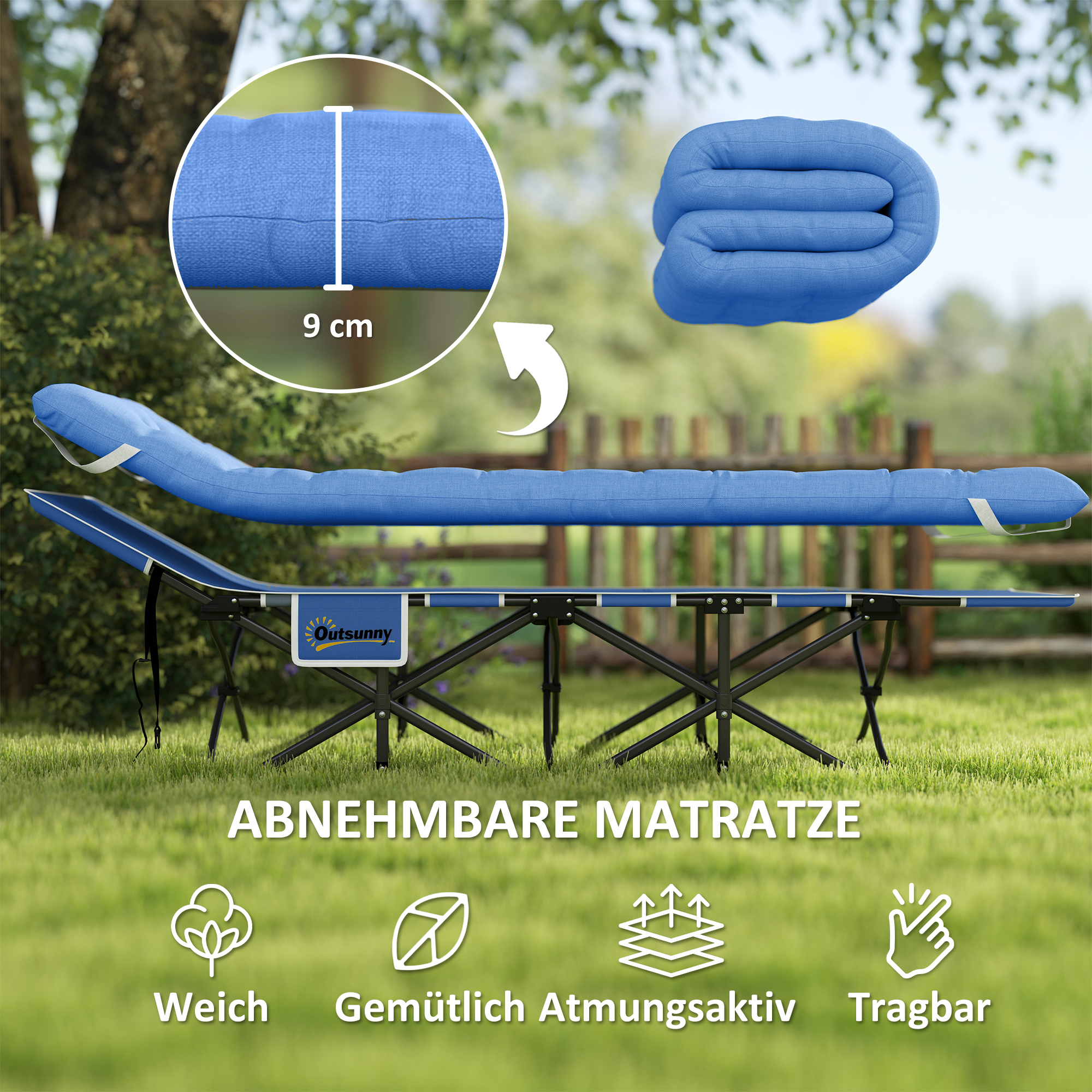 Feldbett faltbar Campingbett mit Matratze Kopfkissen Seitentasche 185 x 68 x 37 cm bis 150 kg Dunkelblau