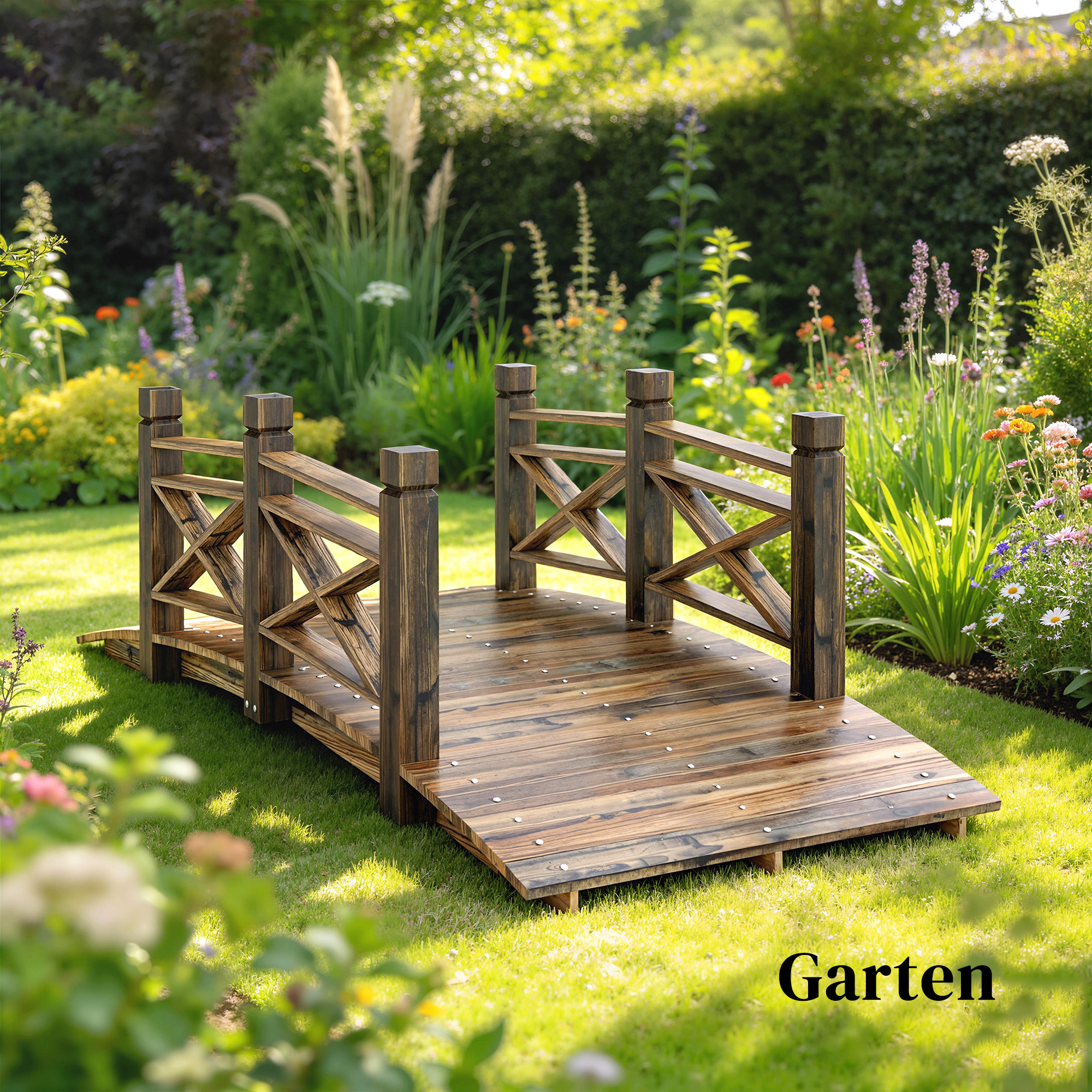 Holzbrücke mit Geländer Gartenbrücke aus Tannenholz Teichbrücke mit Antik-Optik, begehbar 174 x 78 x 57,5 cm Verkohlt