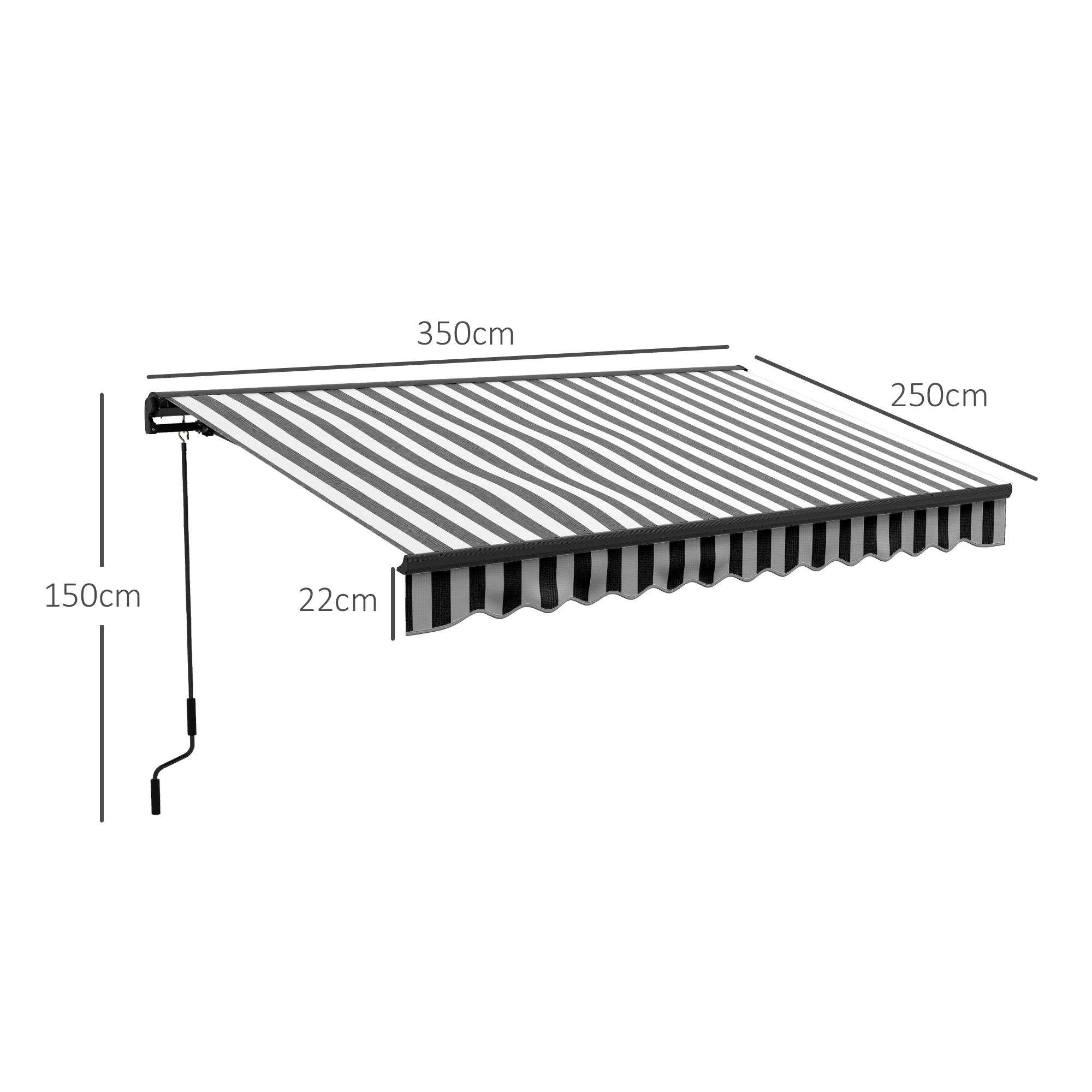 Sonnenmarkise Markise Terrassenmarkise, wetterbeständig, 1 Handkurbel, 350 x 250 x 150 cm, Grau + Weiß
