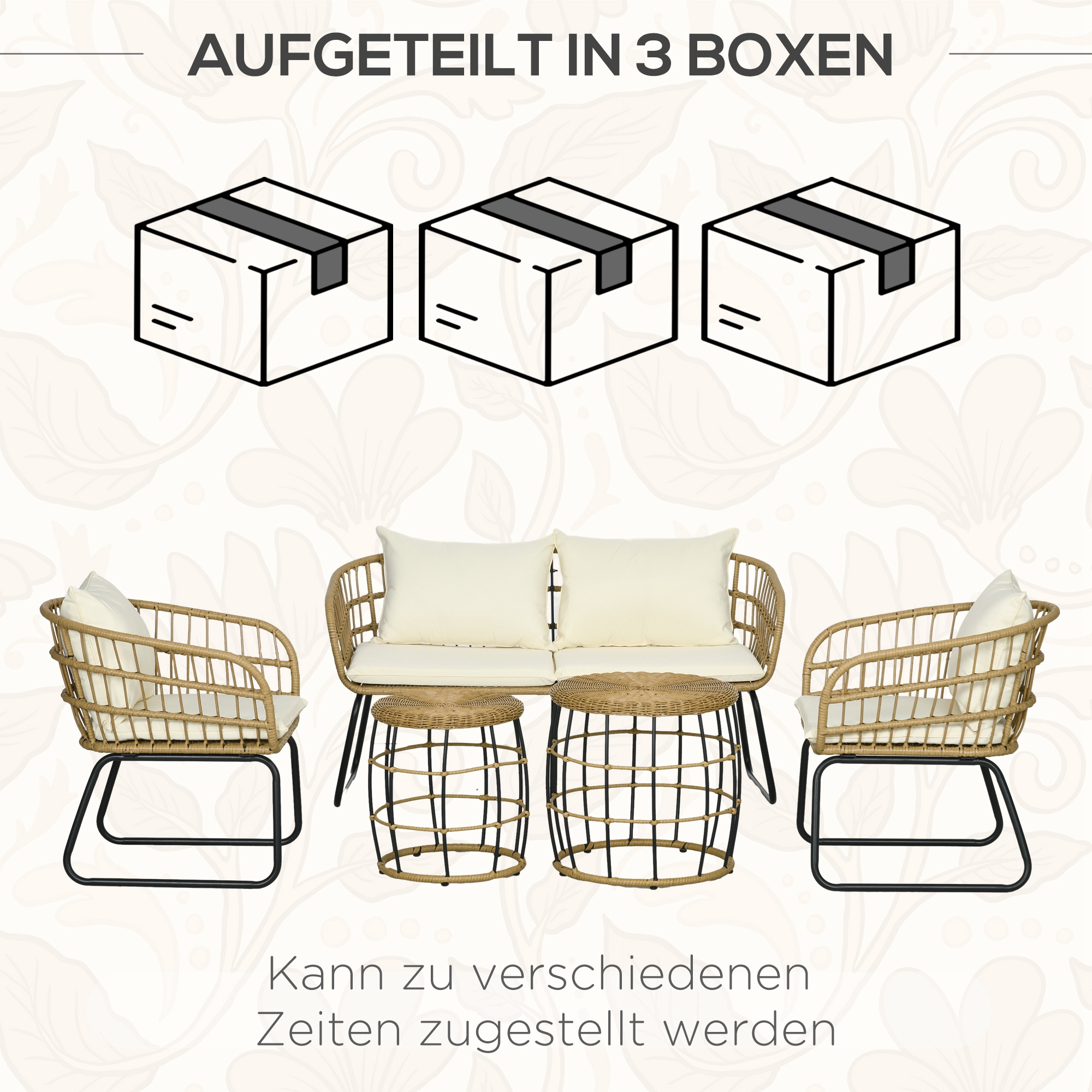 Rattansitzgruppe Lounge-Set Outdoor-Sitzgruppe, Boho-Stil, 5-teilges Set, 145 x 70 x 78 cm, Creme + Natur + Schwarz