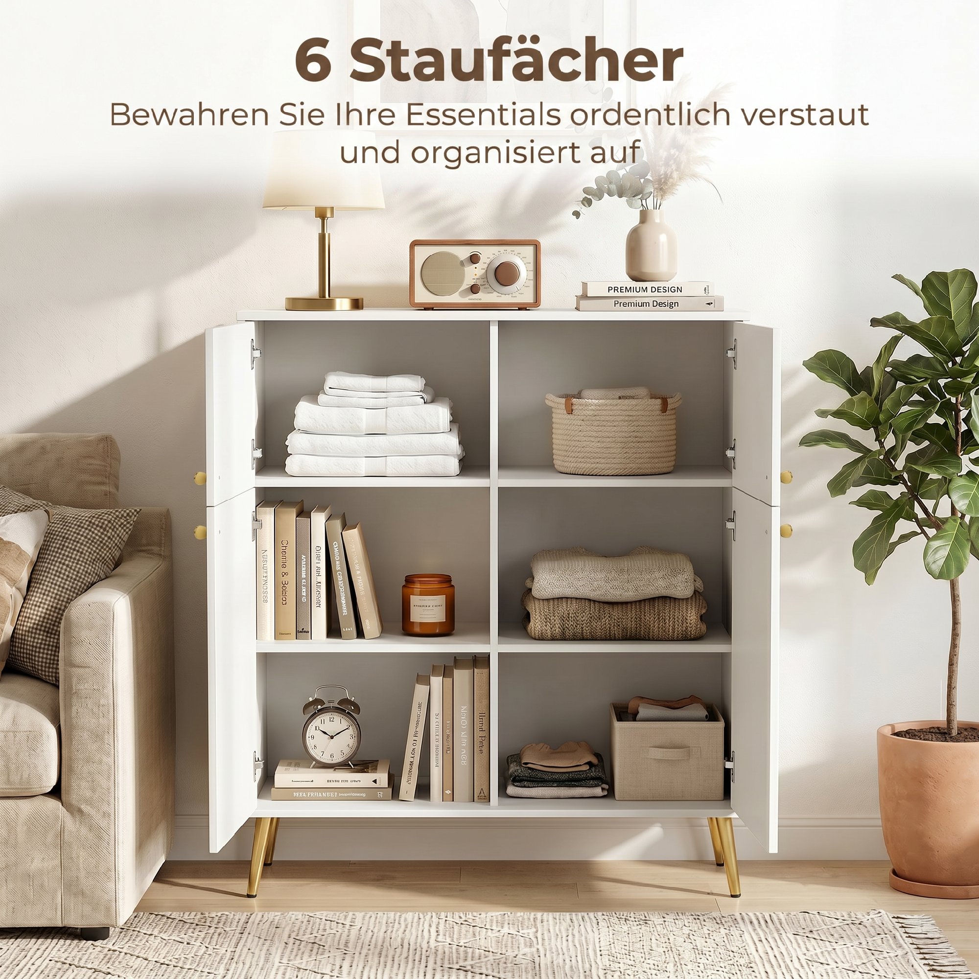 Modernes Sideboard, 105,4 cm Buffet mit Metallfüßen, für Esszimmer & Küche, Cremeweiß