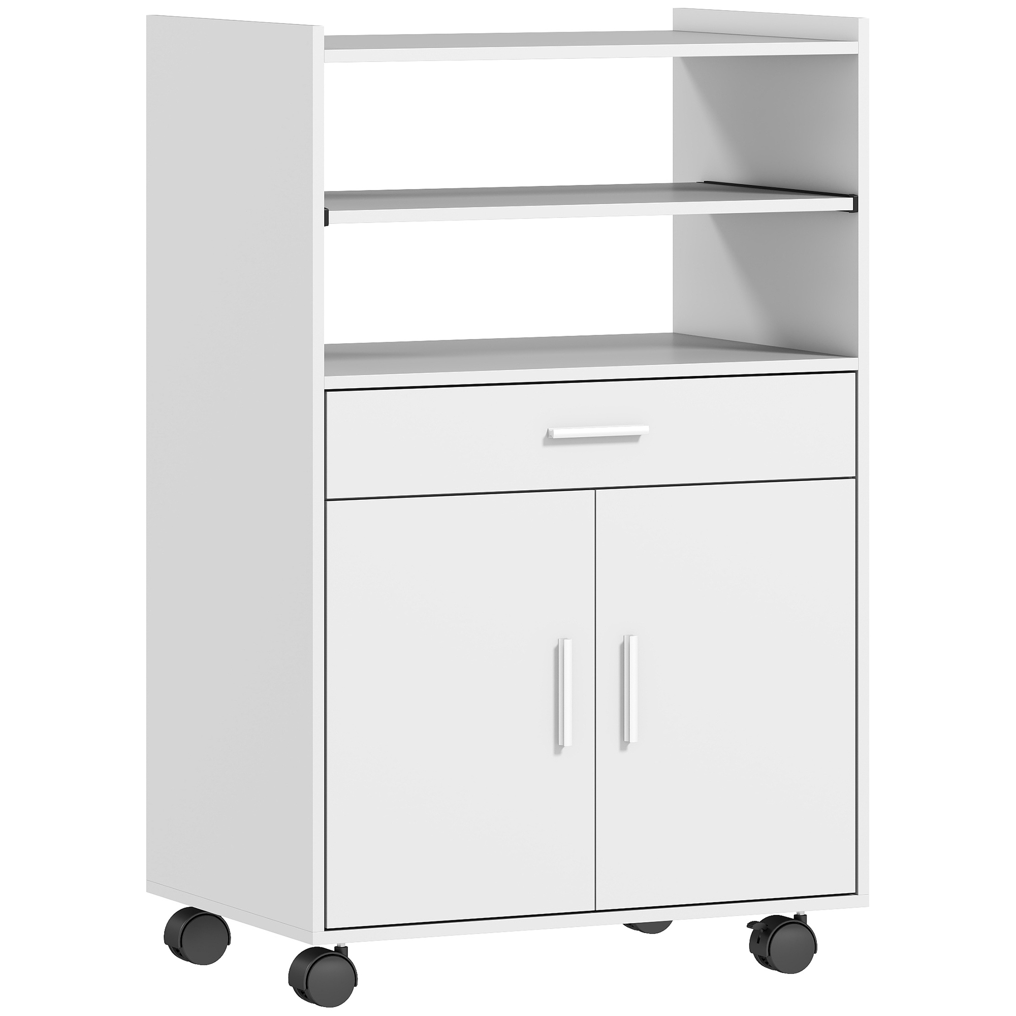 Mikrowellenschrank, Regal, Doppeltürschrank, Schublade, Rollen, Weiß Mikrowellenschrank, Regal, Doppeltürschrank, Schublade, Rollen, Weiß