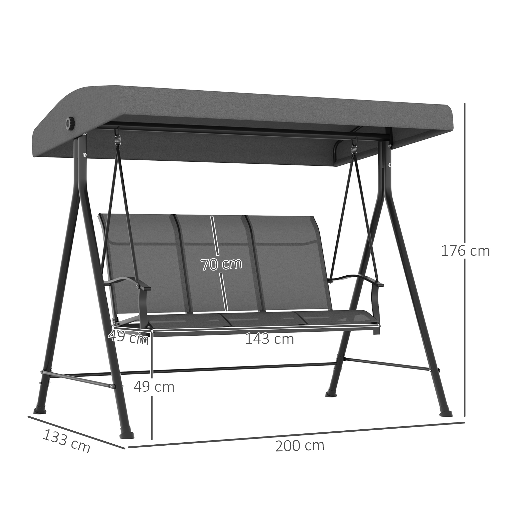 3-Sitzer Hollywoodschaukel, verstellbares Sonnendach, bis 240 kg, dunkelgrau, 200 x 133 x 176 cm