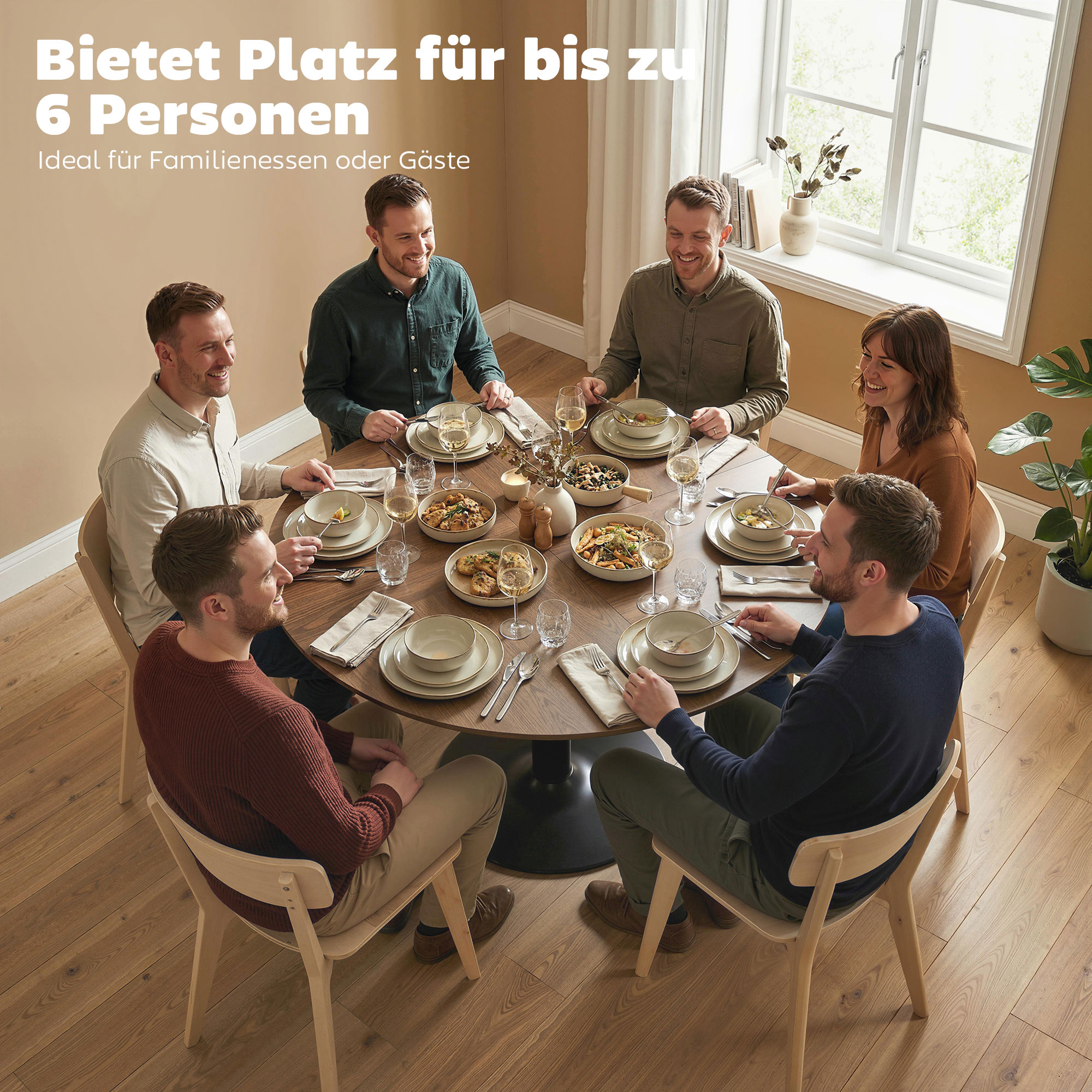 runder Esstisch für 6 Personen, 110 cm Moderner Küchentisch mit Sockel für Wohnzimmer, Braun Holzmaserung