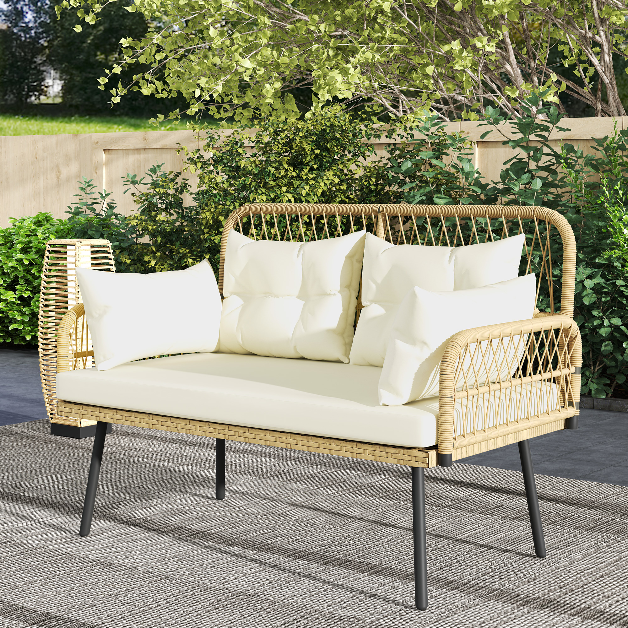 Gartensofa mit Kissen 2-Sitzer Sofa Outdoor Balkon Sofa Rattansofa Polyrattan 115 x 61 x 82 cm Naturholz