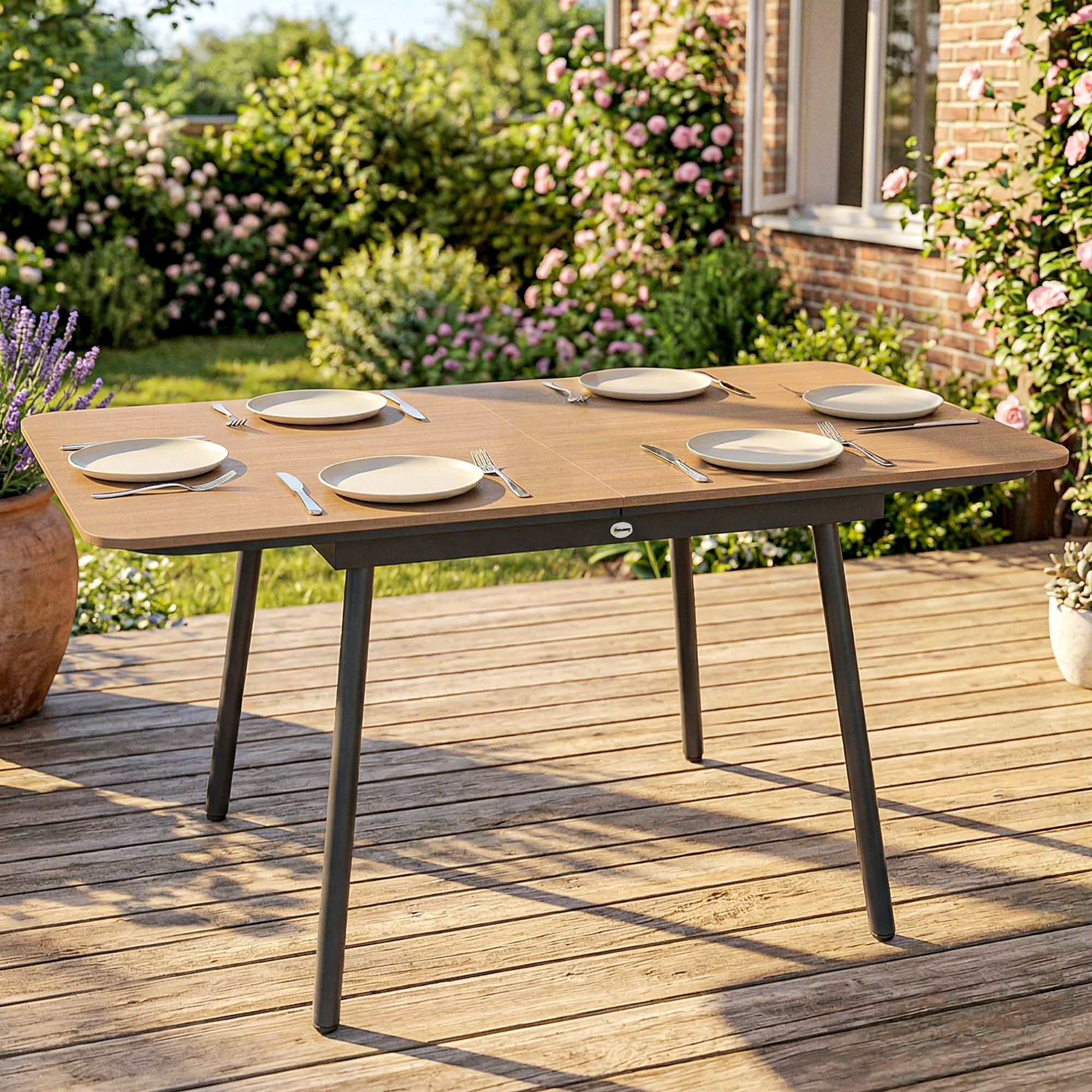 Gartentisch 140 x 80 cm für 6 Personen rostbeständig Outdoor Esstisch mit WPC-Tischplatte Verstellbare Füße, Teak