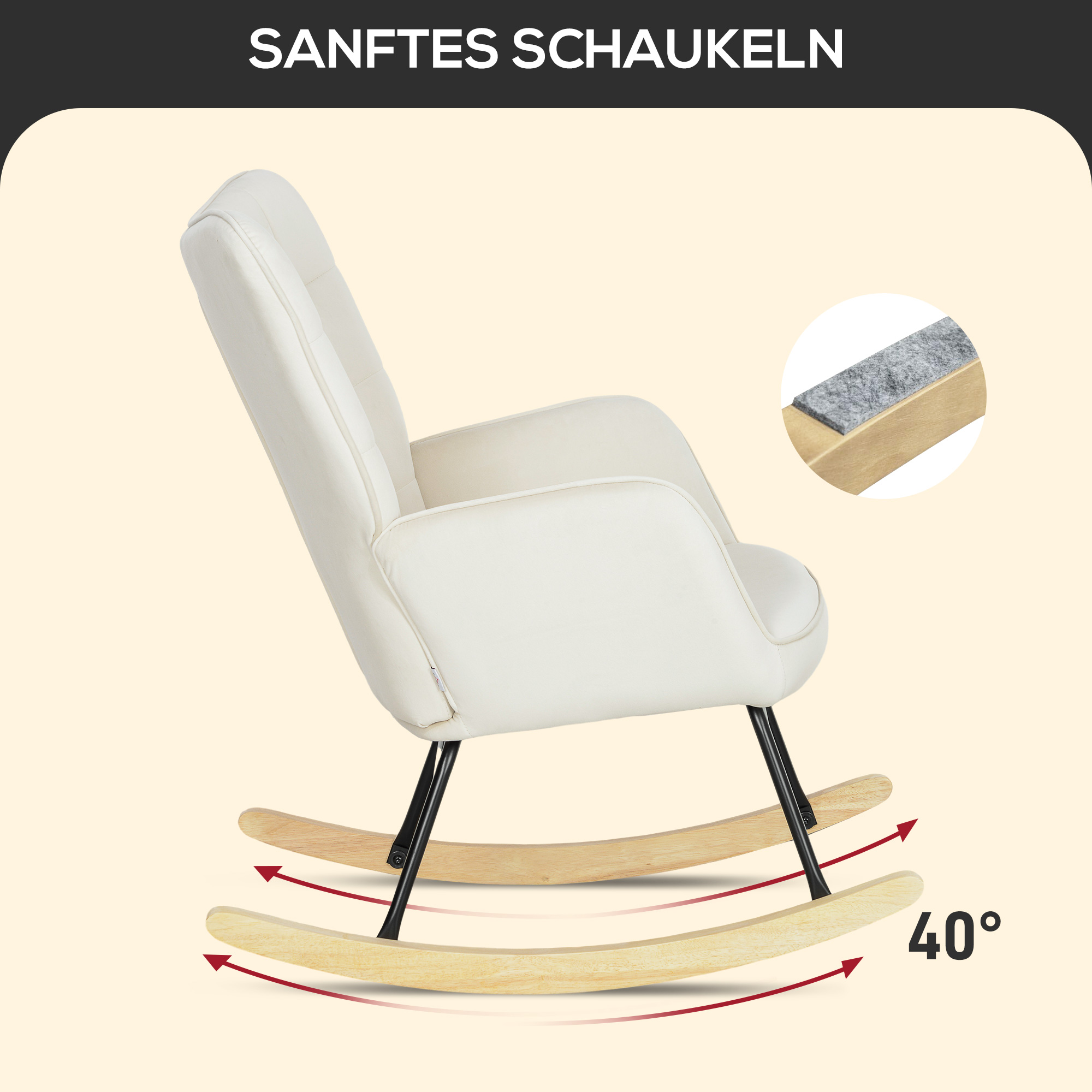 Schaukelstuhl, dicke Polsterung, breite Rückenlehne, Buchenholz/Stahlrahmen, bis 120 kg, Beige