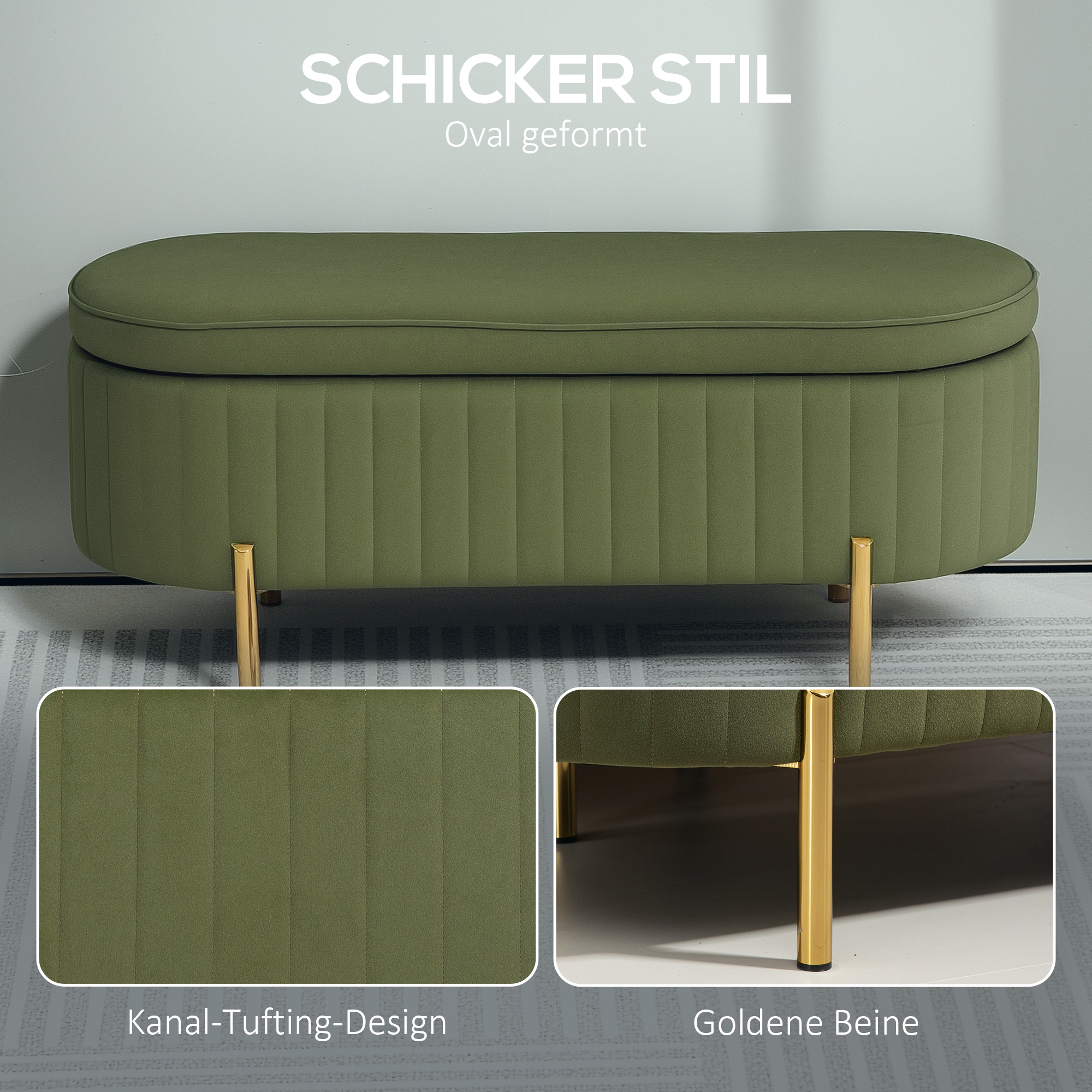 Sitzbank mit Klappdeckel und Stauraum, Stoffbezug, Holz, Metall, Dunkelgrün+Goldfarben