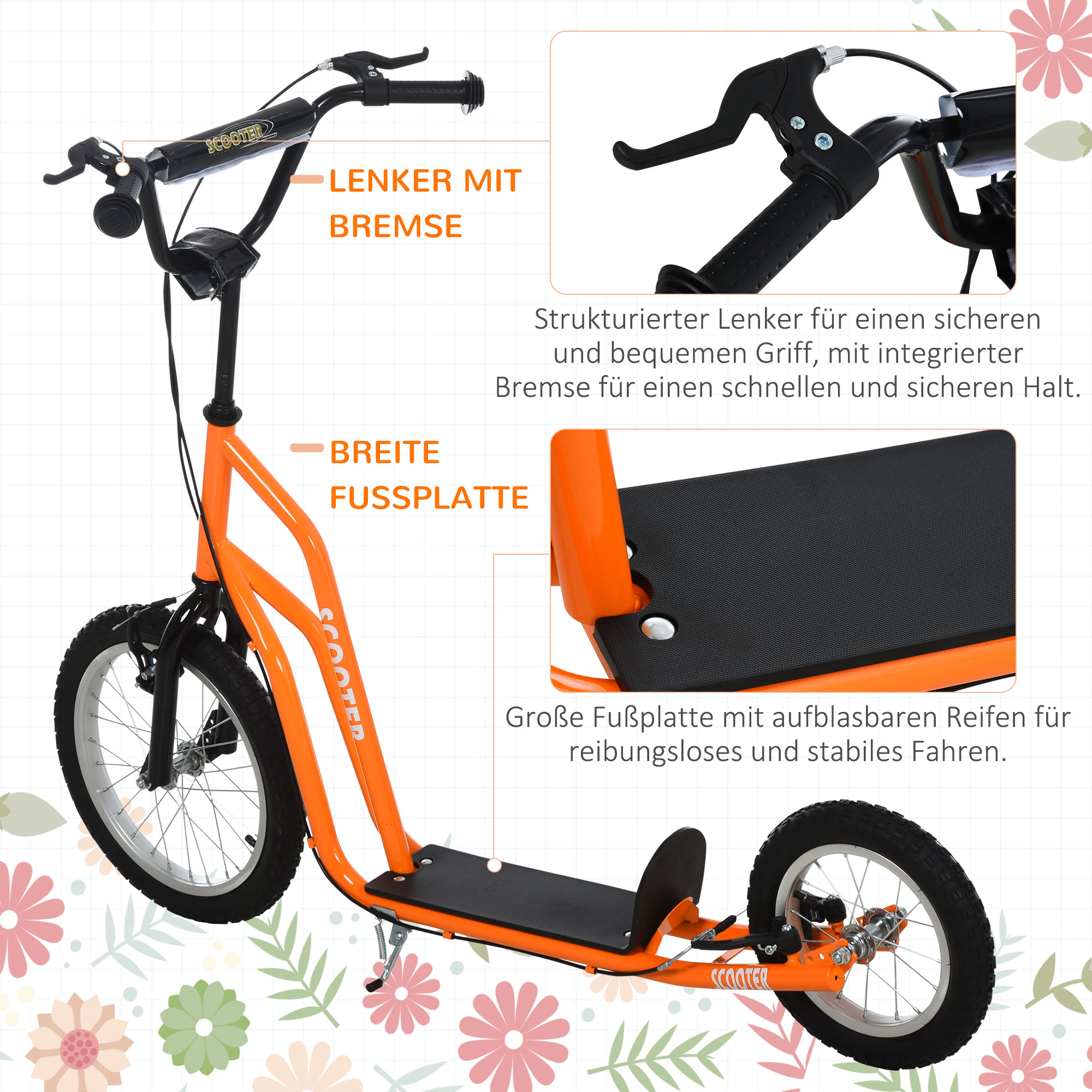 Kinderroller ab 5 jahre Scooter Tretroller Cityroller Kinder Roller Kickboard mit Luftreifen16/12 Zoll Orange 135 x 58 x 88-94 cm