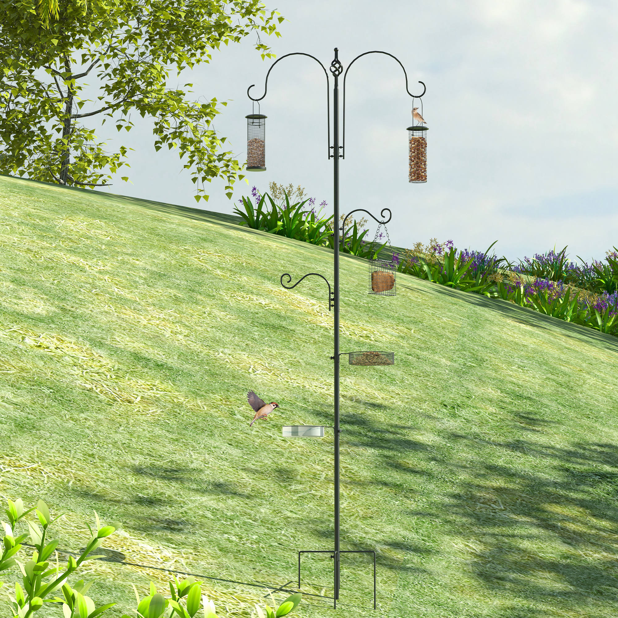 Vogel Futterstation Set aus Stahl Höhe 208 cm inkl. 4 Haken Vogeltränke Futterteller Vollständiges Futtersäulen Vogelfutterspender Station Schwarz