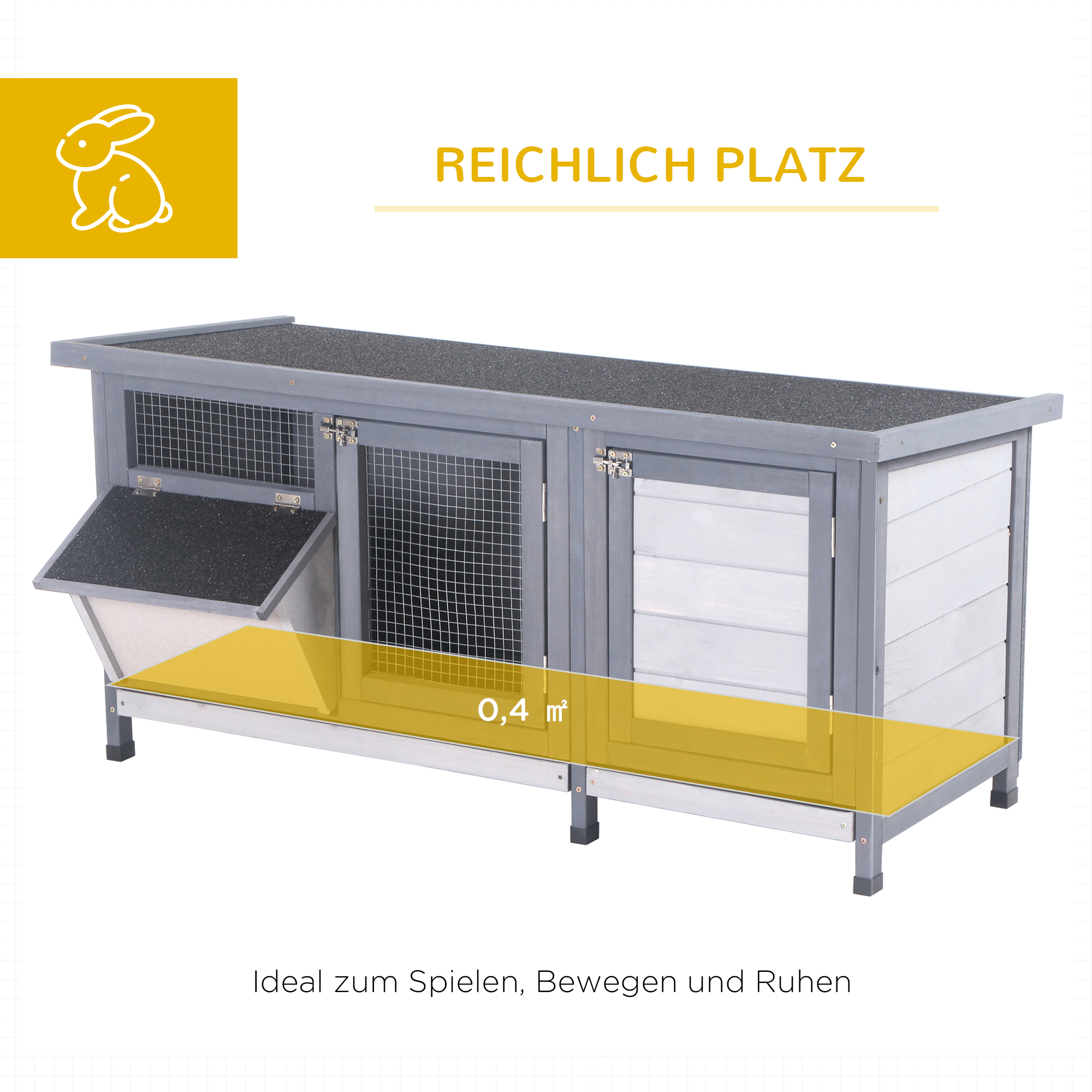 Hasenstall Winterfest Kaninchenstall aus Holz 112x50x54 cm Kaninchenkäfig mit Bitumendach, 2 Türen, Metallgitter, Hasenkäfig für Kaninchen, Meerschweinchen Outdoor Grau+Schwarz
