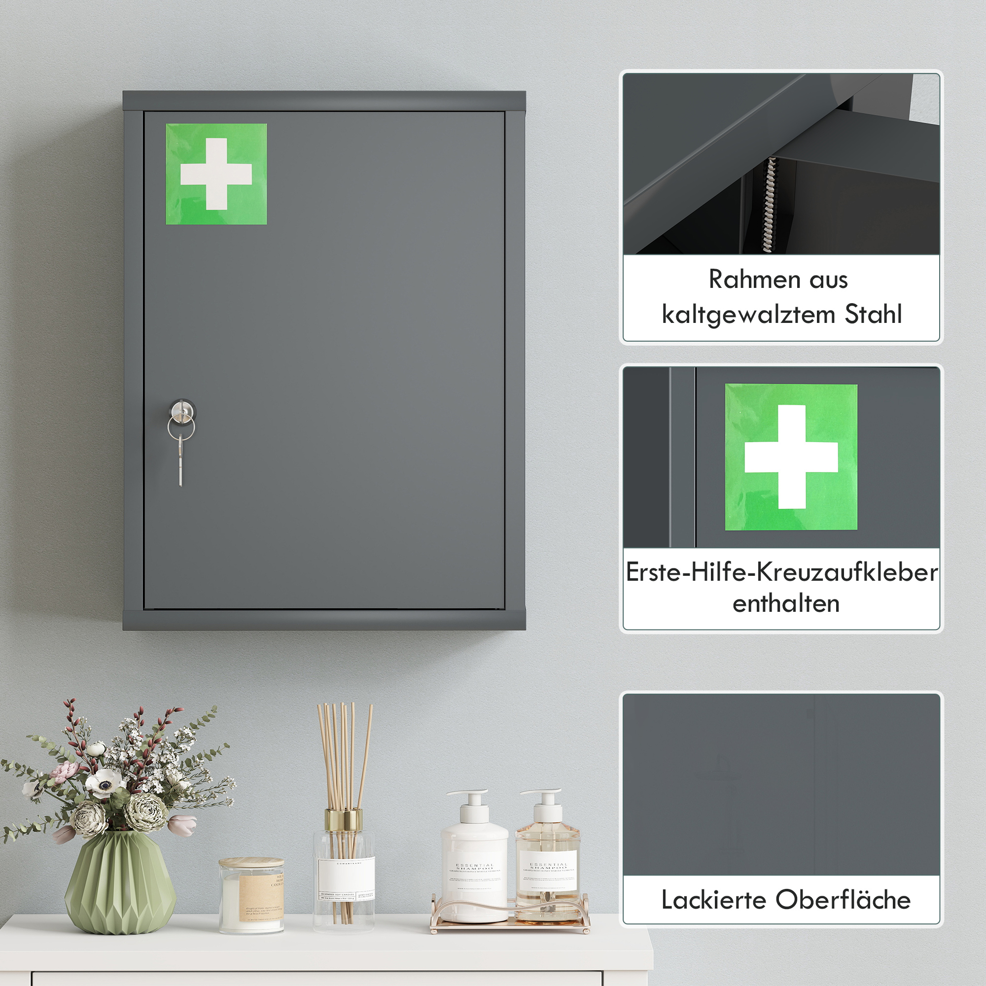 Medizinschrank zur Wandmontage mit Schloss, 3-stufiger Stahl-Wandschrank, 40 x 15 x 53,5 cm, Kohlegrau