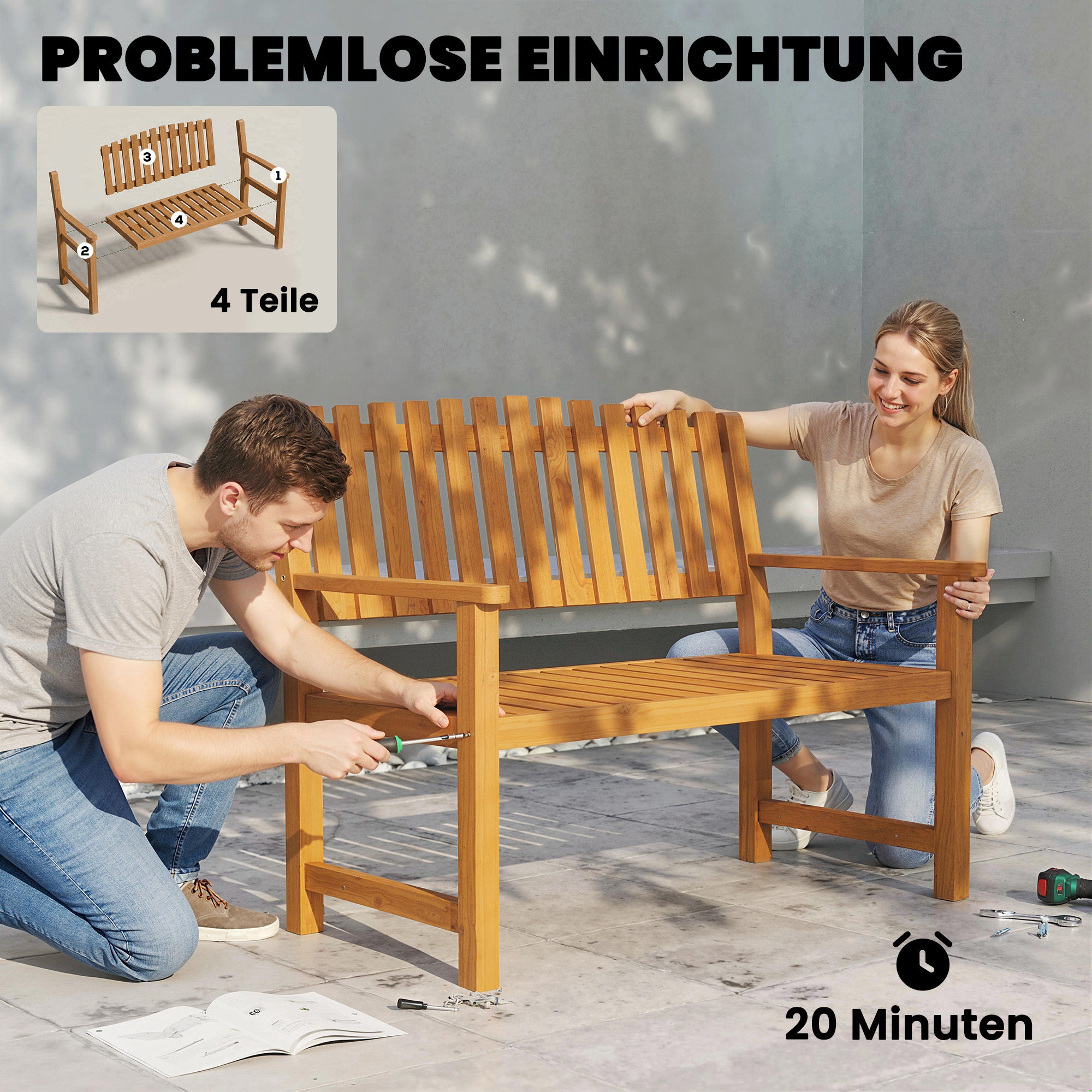 Gartenbank 2-Sitzer Wetterfest Holzbank mit Lamelldesign Armlehnen, Holz Sitzbank bis 320 kg 112 x 64 x 92 cm Naturholz