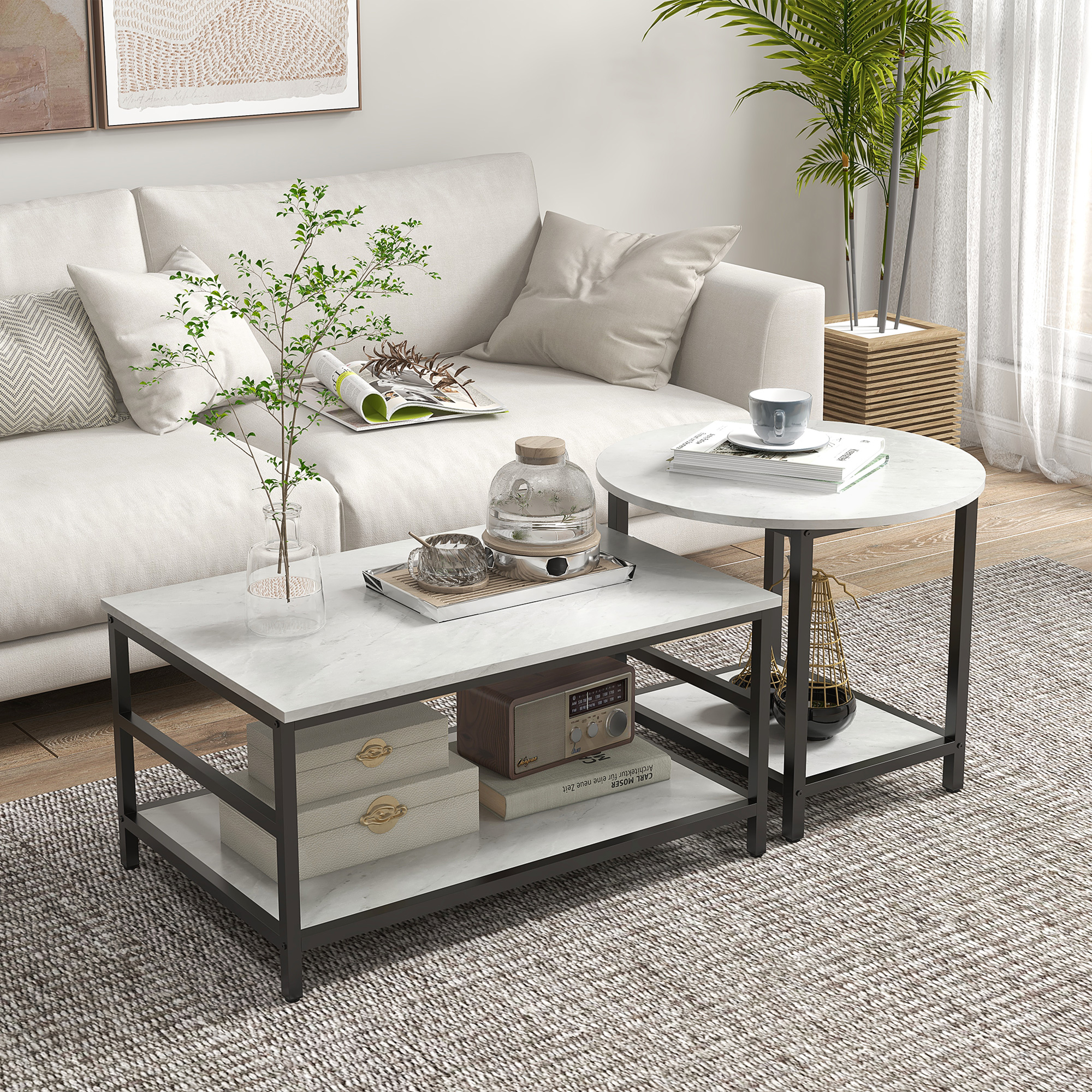 Couchtisch-Set, 2 Beistelltische, Marmoroptik, verstellbare Füße, Stahl, Schwarz/Weiß