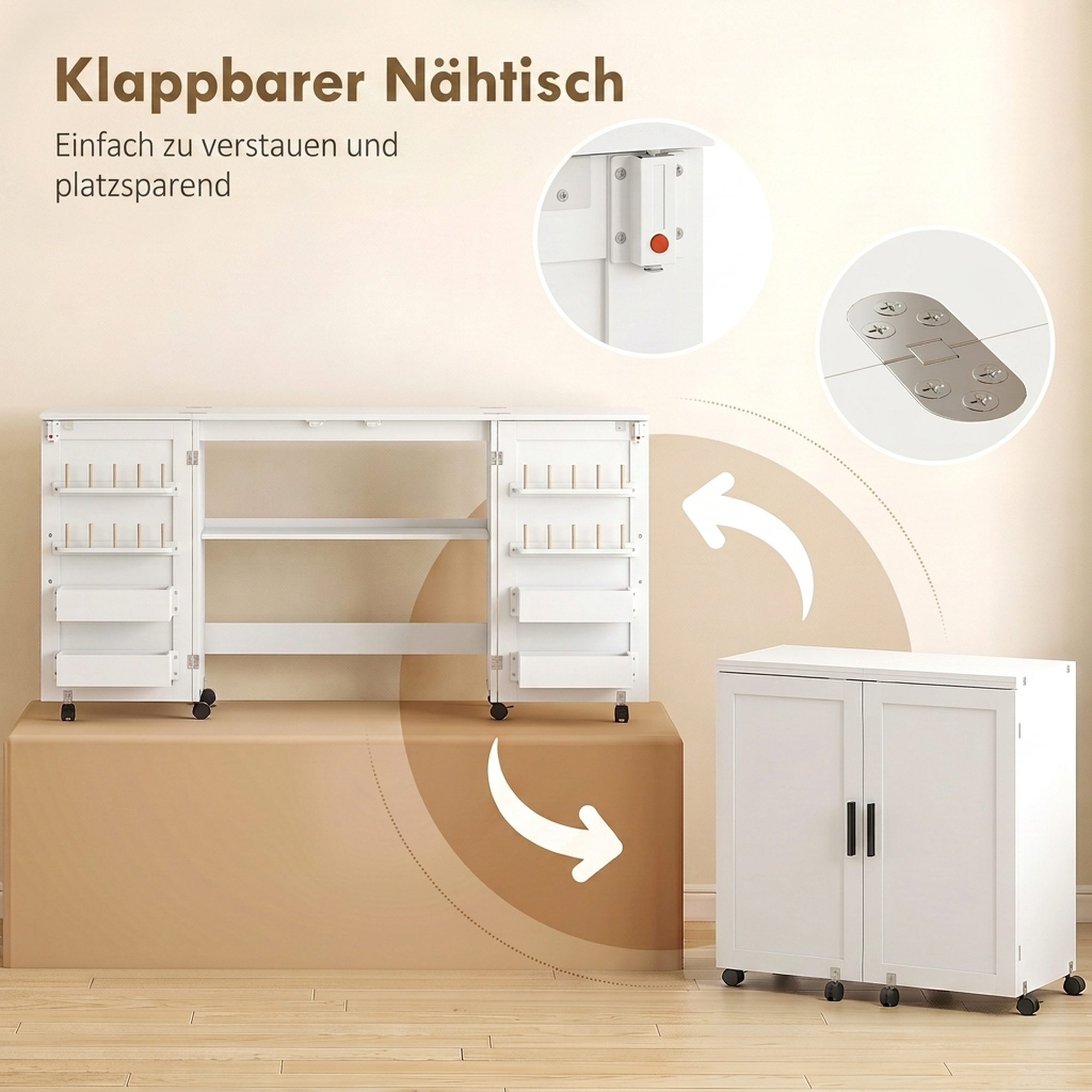 klappbarer Nähtisch mit 2 Magnettüren, rollbarer Basteltisch mit 4 Boxen, 20 Haltestiften, Ablagefach, Weiß