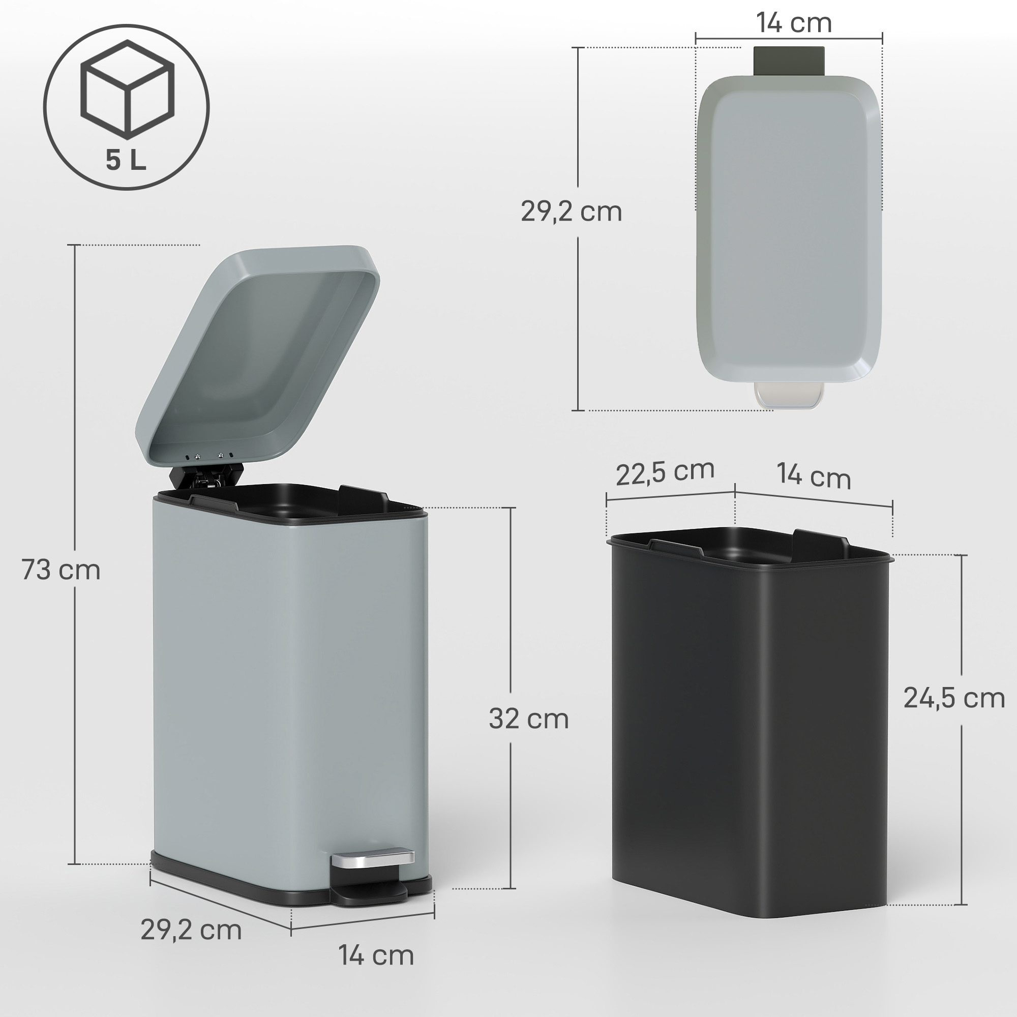 Mülleimer aus Metall, Abfalleimer, 5 L Fassungsvermögen, mit Fußpedal, mit Inneneimer, Grau