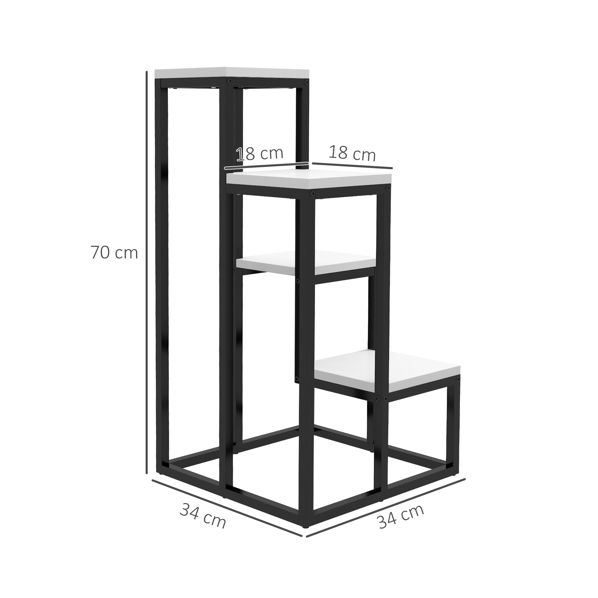 Blumenregal, 4 Etagen, Indoor & Outdoor, Metallrahmen, 34L x 34B x 70H cm, Schwarz+Weiß