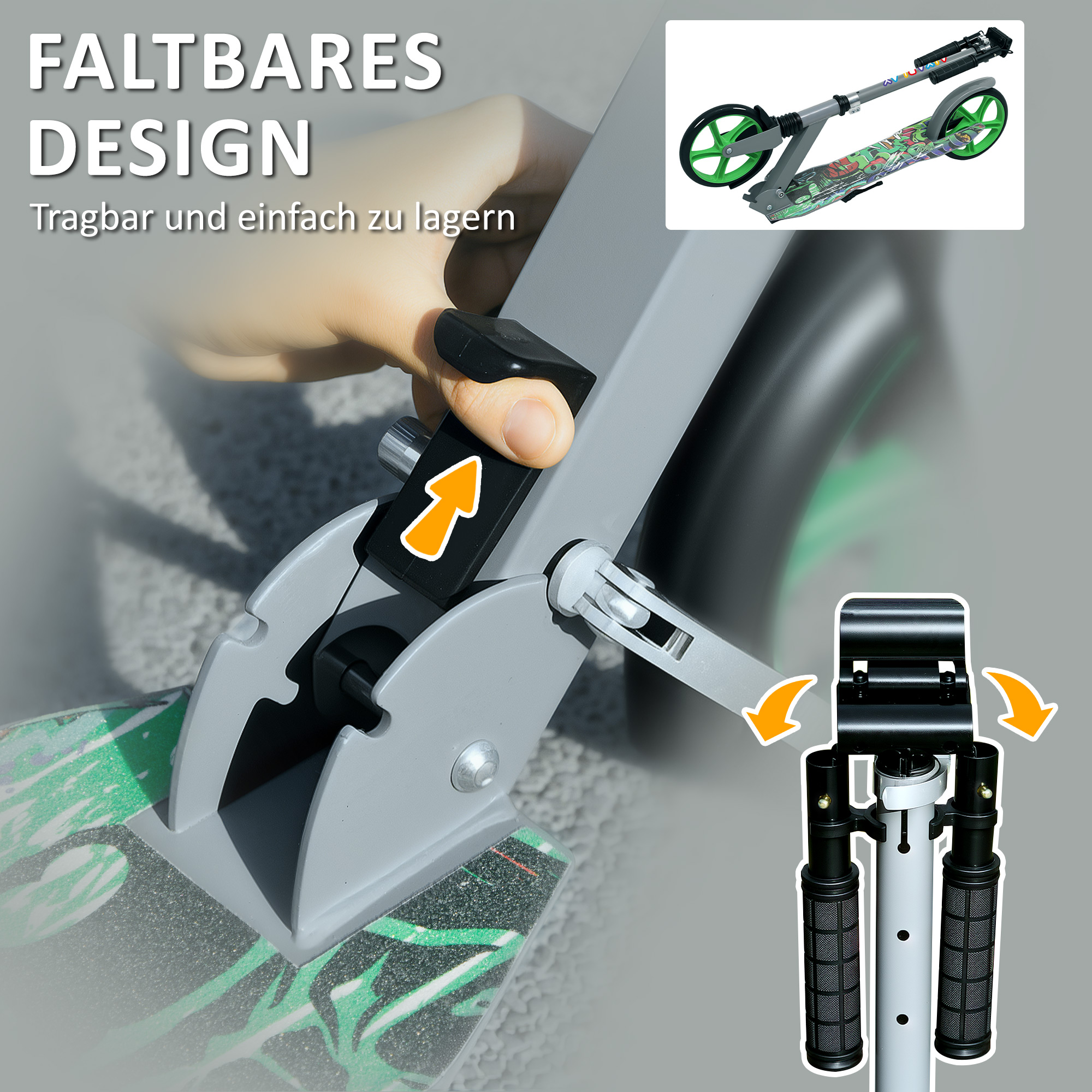 Tretroller, höhenverstellbar, Hinterradbremse, faltbar, 100 kg belastbar, Grün