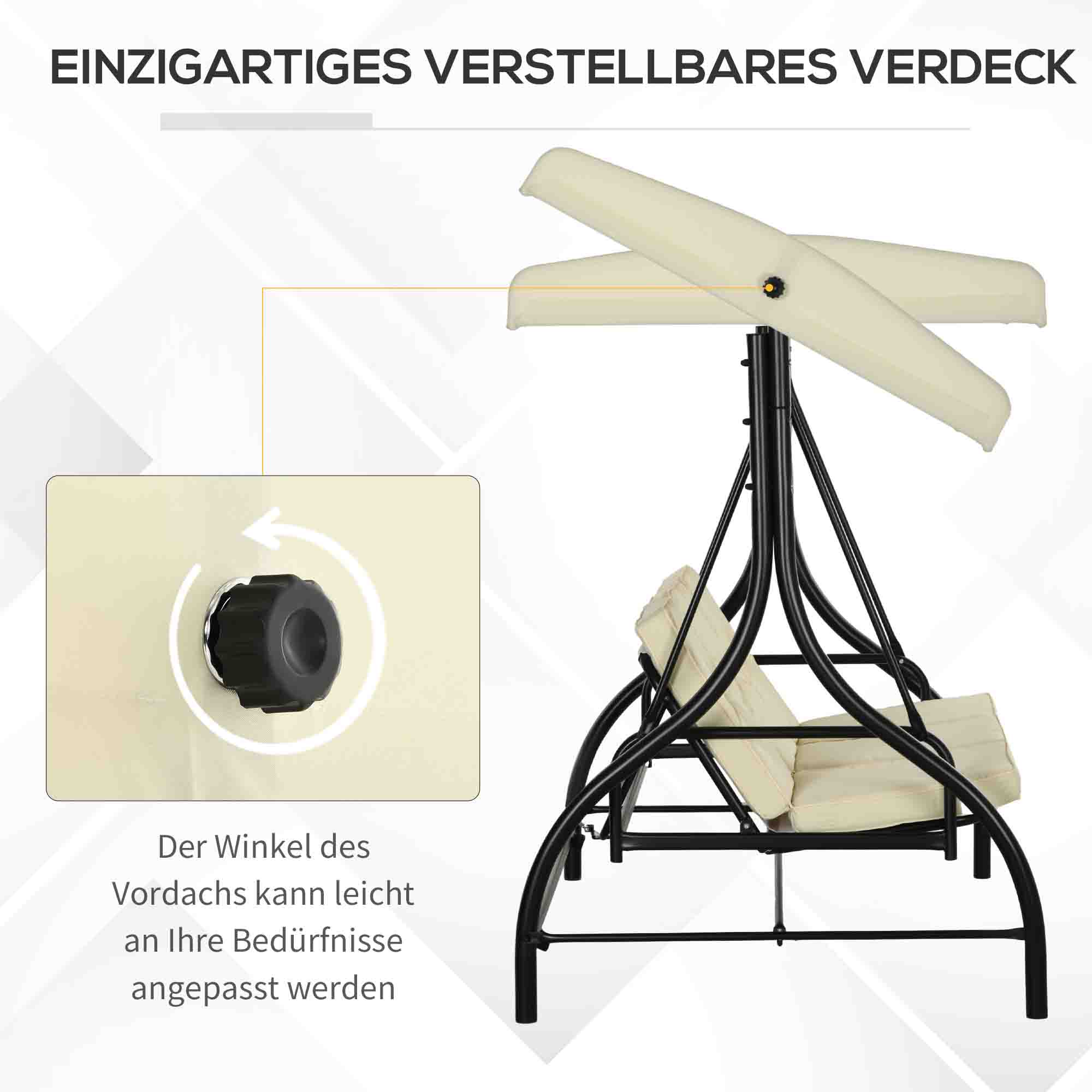 Schaukelbank, Hollywoodschaukel mit Sonnenschutz, Gartenschaukel, Verandaschaukel, 3 Sitze, Schaukelbett