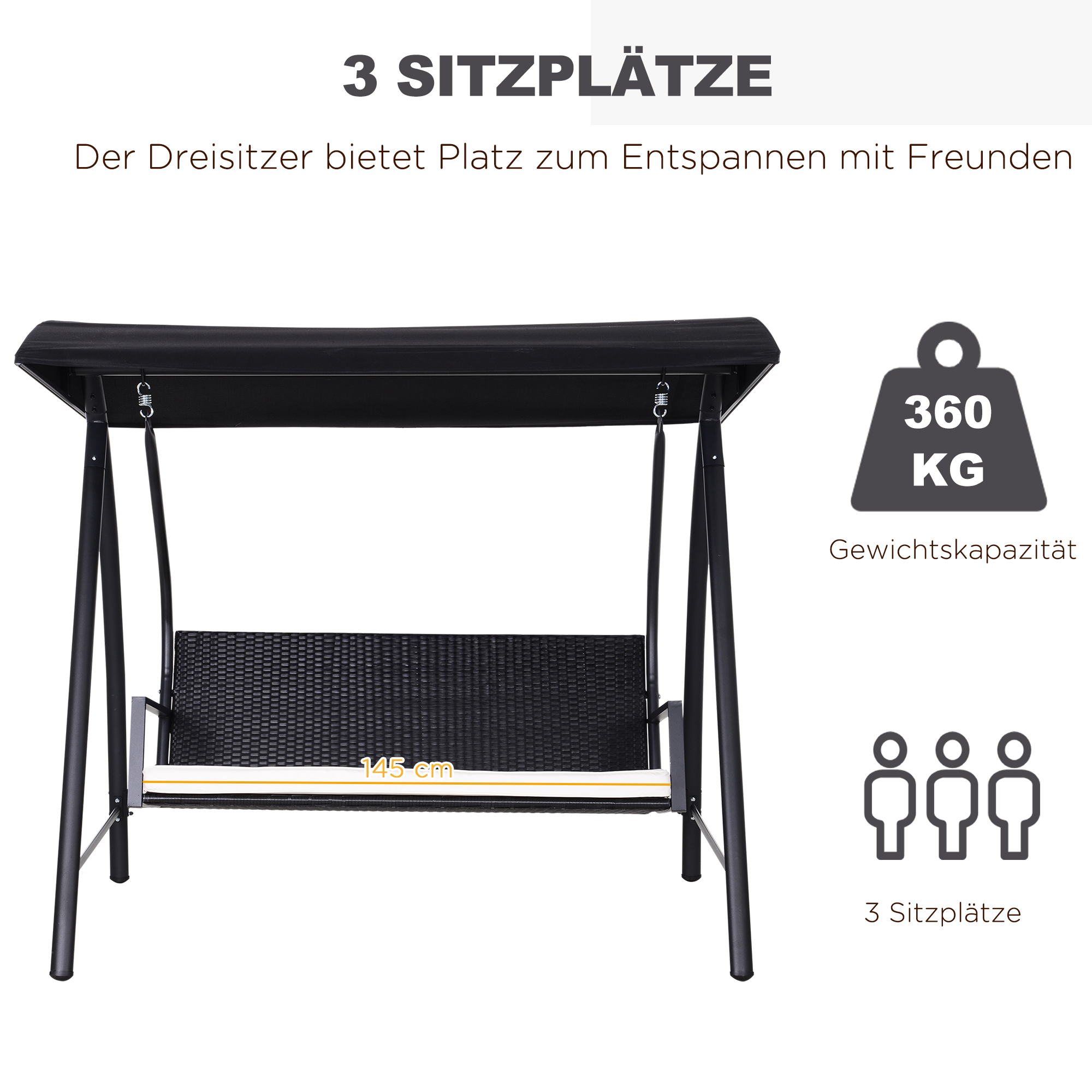 Hollywoodschaukel 3-Sitzer aus Polyrattan Gartenschaukel mit verstellbar Sonnendach Sonnenschutz Sitzkissen Hängebank bis 360 kg belastbar Hängeschaukel für Garten 198x124x179cm Schwarz