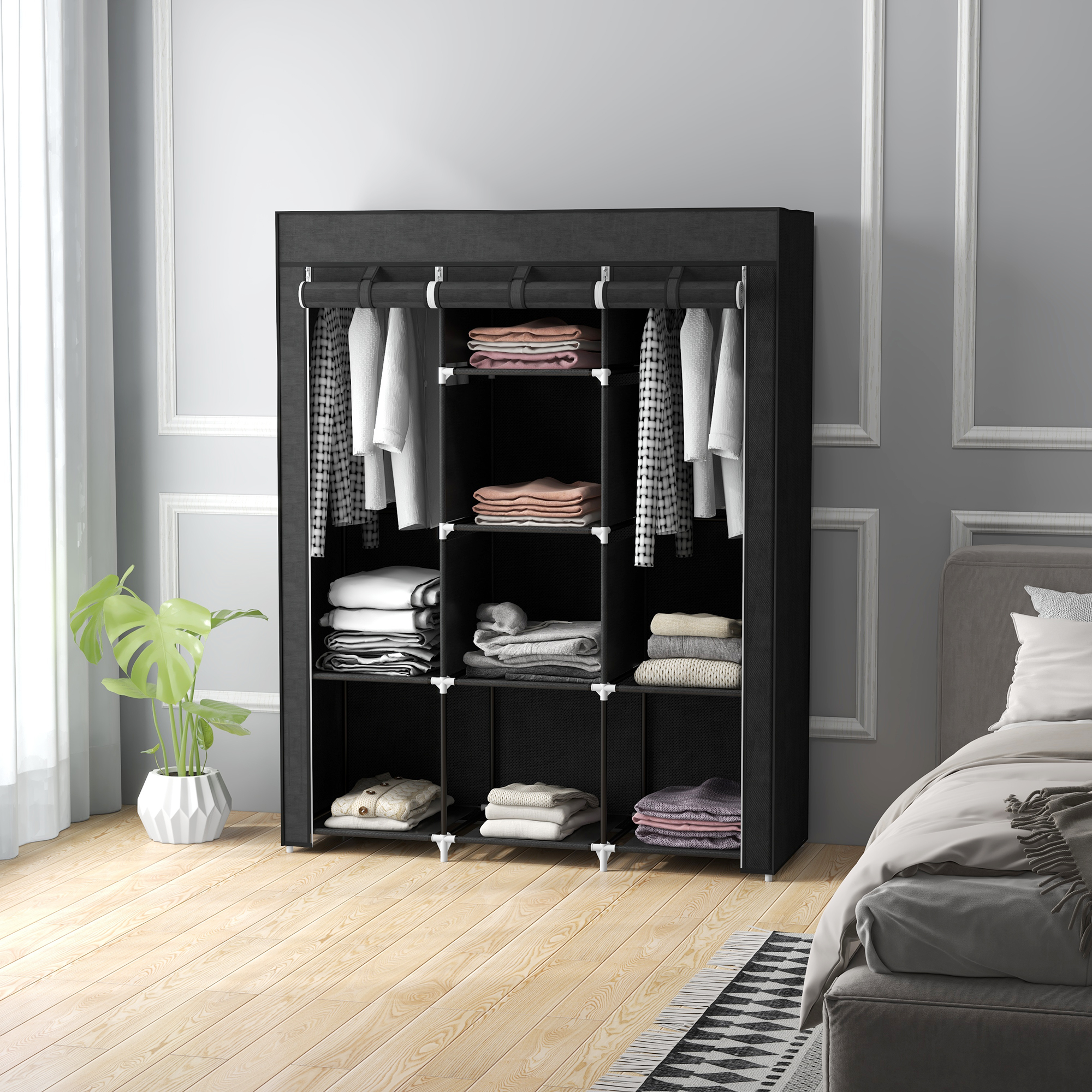 Schrank aus Stoff, Aufbewahrungslösung, 8 Regale, 2 Kleiderstangen, Schwarz