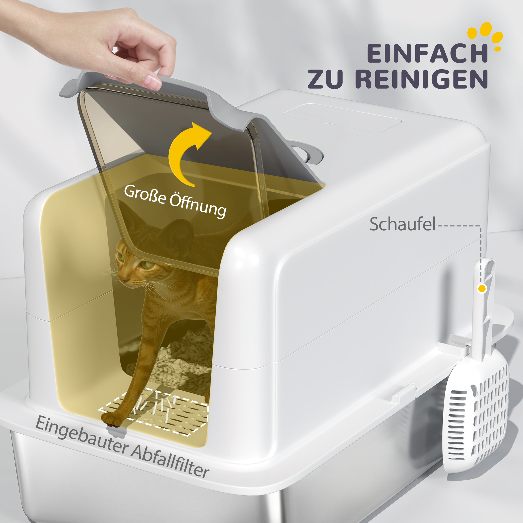 Katzentoilette, Wanne aus Edelstahl, Filter, Schaufel, für Katzen bis 6 kg, 40,5 x 60,5 x 41,5 cm, Weiß/Silber