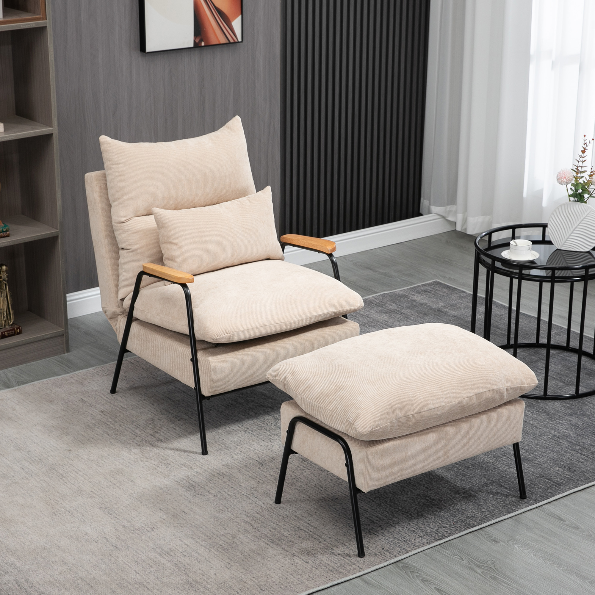 Polstersessel mit Hocker, Relaxsessel mit Liegefunktion, Polsterstuhl, Kissen, Fernsehsessel, 68 x 91,5 x 88 cm, Beige