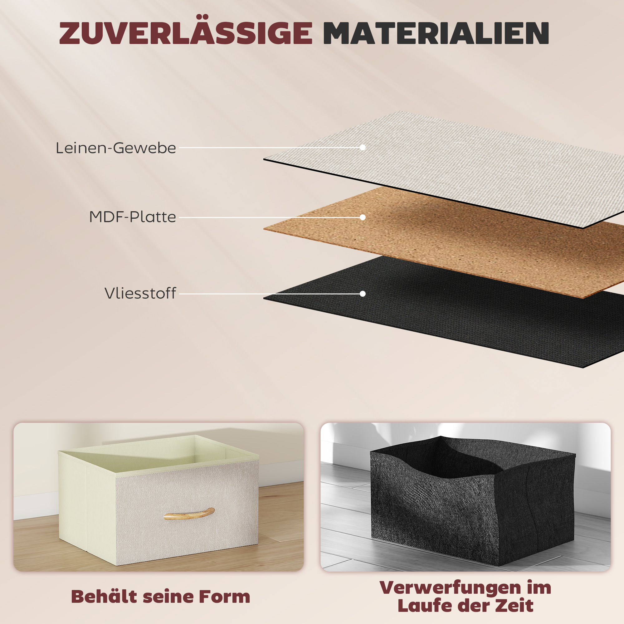 Schlafzimmer-Kommode mit 8 Stoffschubladen, Stahlstreben, Holzoberfläche, 4 Aufbewahrungstaschen, 2 Haken, Beige