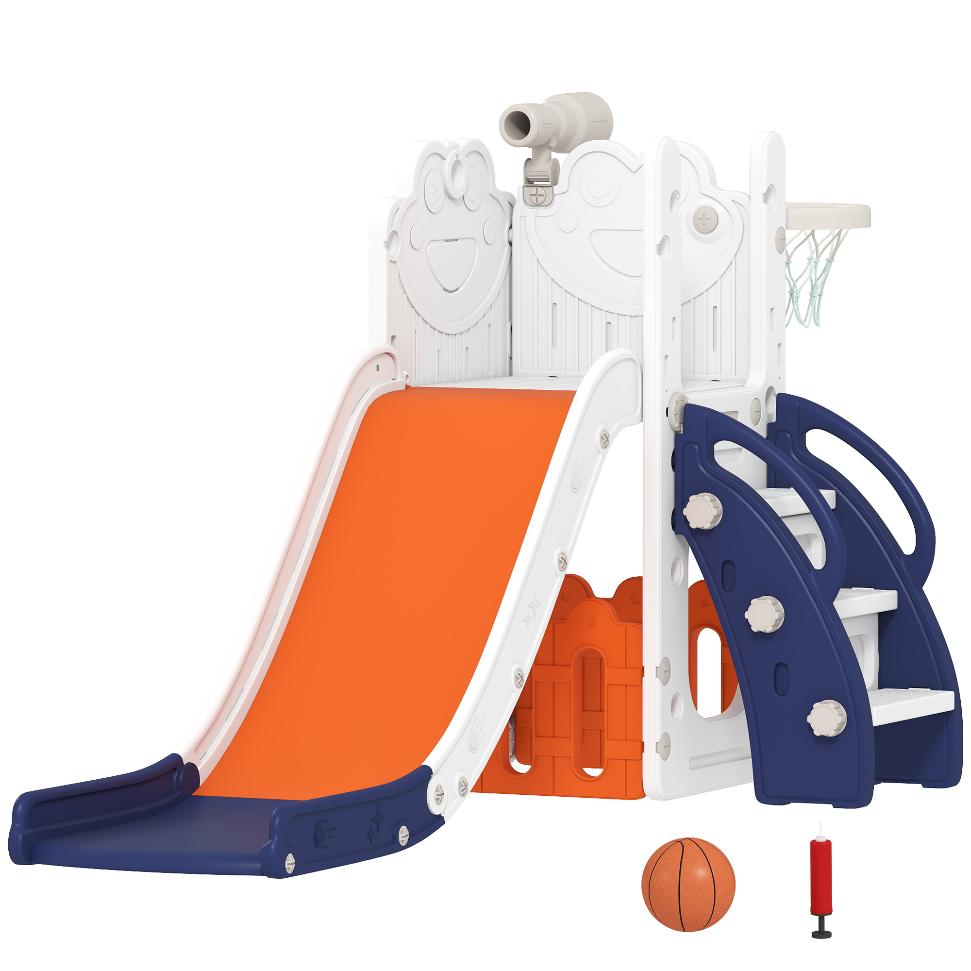 5-in-1 Kinderrutschenset, Teleskop, Basketballkorb, Kunststoff, Orange+Dunkelblau
