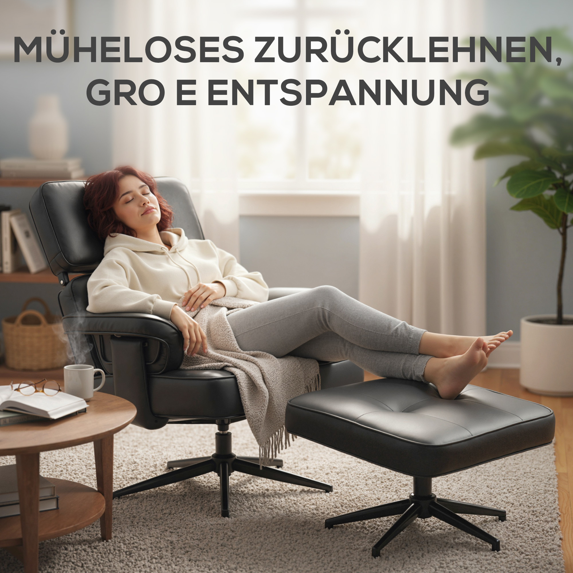 Verstellbarer Liegesessel mit Fußhocker, Kunstleder-Bezug, höhenverstellbare Kopfstütze, Metallbasis, Schwarz