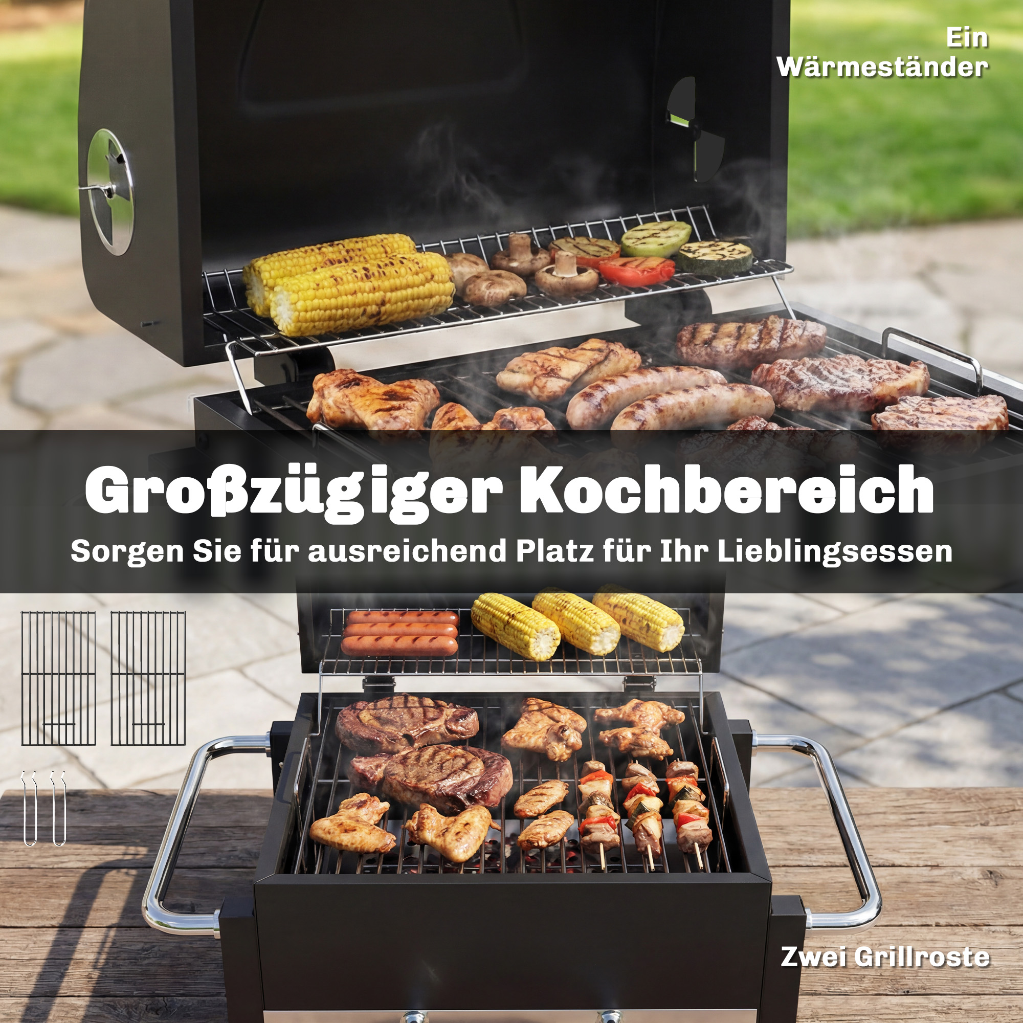 Holzkohlegrill aus Stahl tragbarer BBQ Smoker mit Deckel verstellbare Lüftung zweistufige Kohlepfanne Thermometer