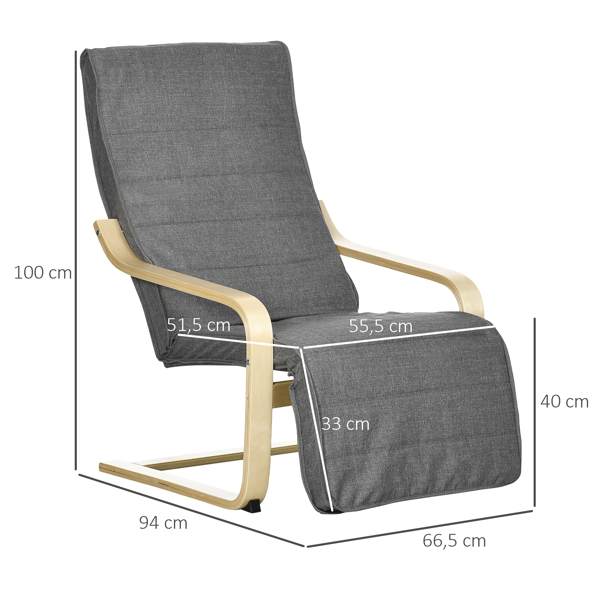 Akzentsessel, Relaxsessel mit verstellbarem Fußteil, Birkenholzrahmen, bis 120 kg, 66,5 x 94 x 100 cm, Grau