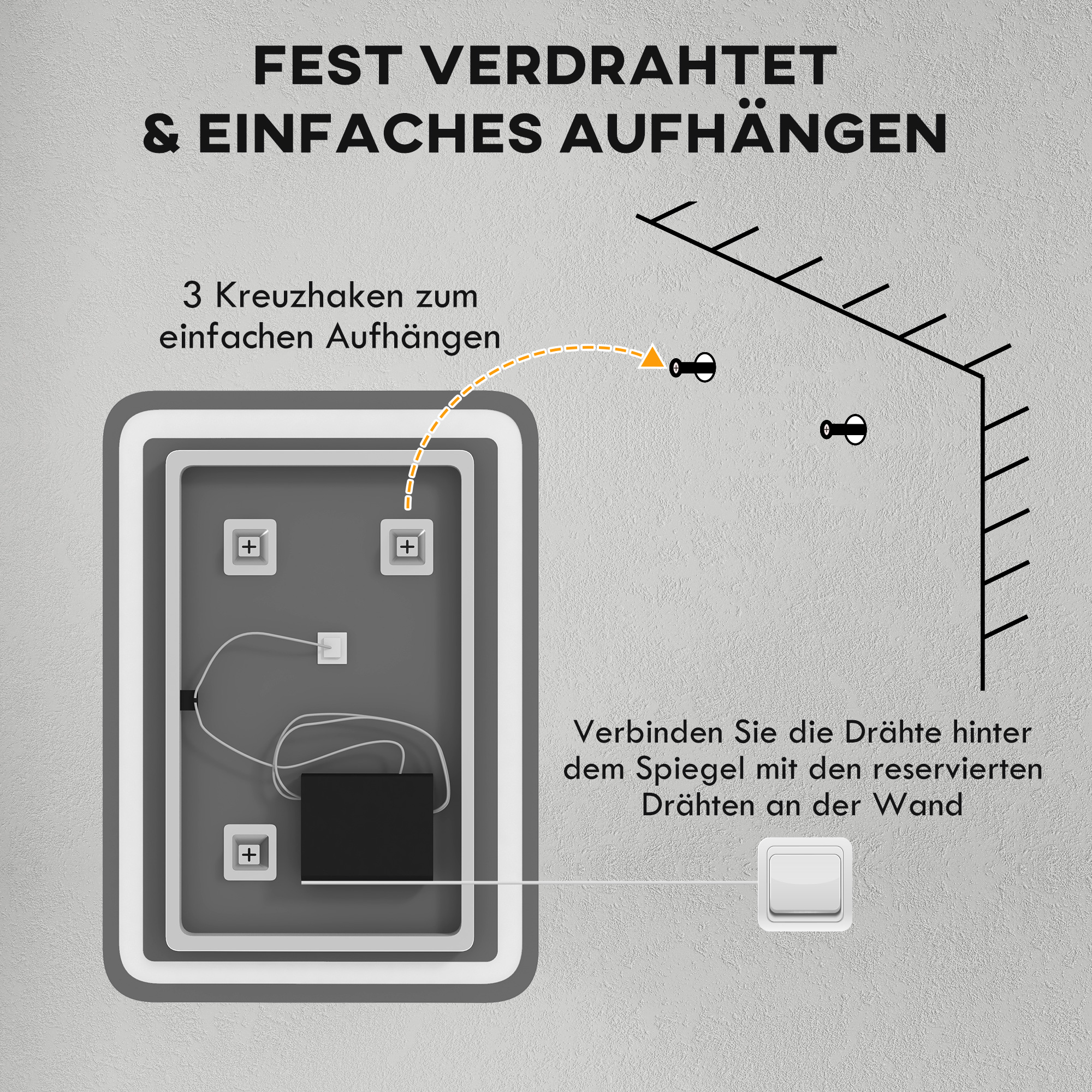 Badezimmerspiegel, beleuchtet, Touch-Steuerung, beschlagfrei, dimmbar, 3 Lichtfarben, 50x70, Silber