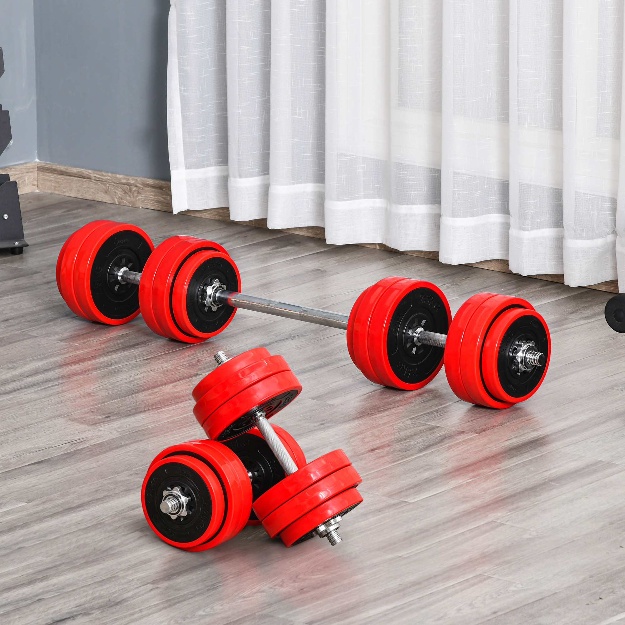 Hantelset 20/30KGS 2-IN-1 Hanteln&Langhanteln verstellbar Gewichtheben für Zuhause Fitness Muskel Stahl PP-Kunsstoff Eisen Sand Rot+Schwarz 21,5 x 21,5 x 3,8 cm