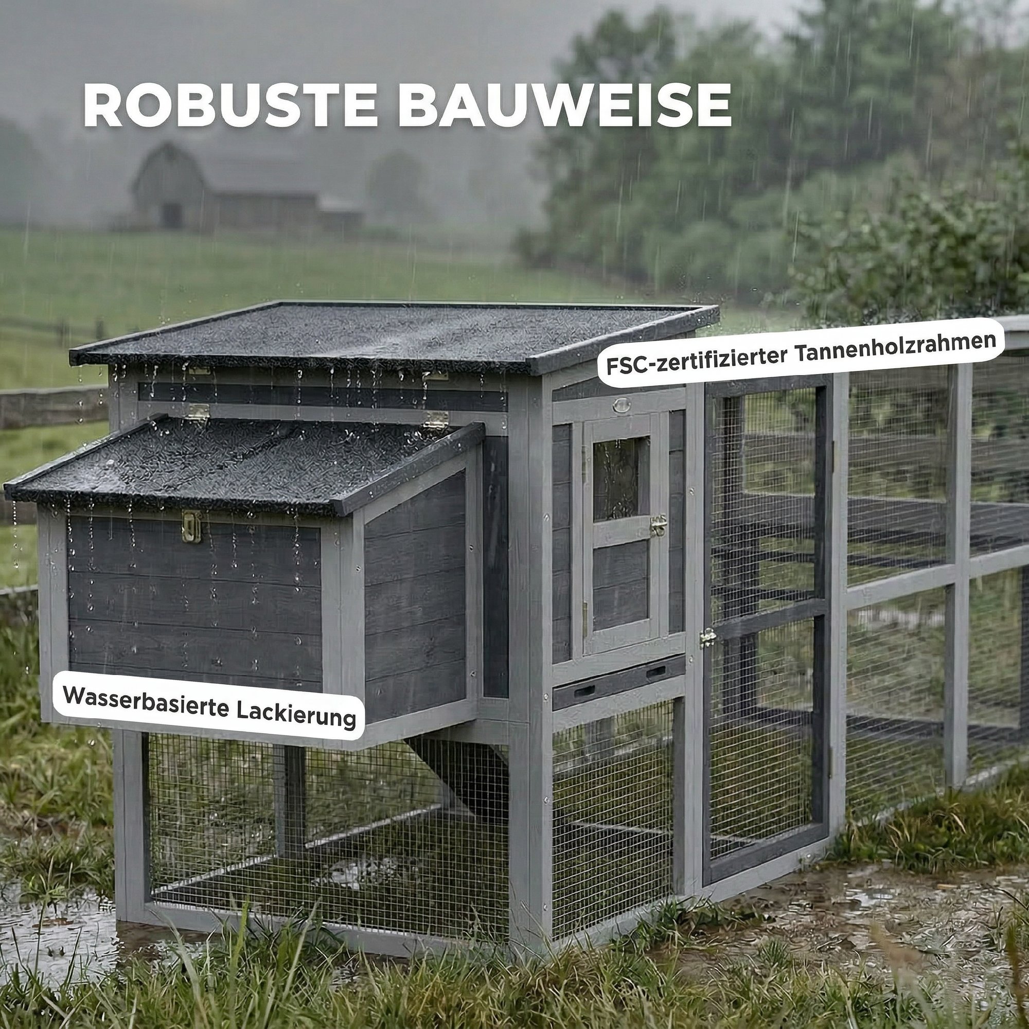 Hühnerstall Hühnerhaus für 3-4 Hühner mit Auslauf Nistkasten Asphaltdach Oxford-Abdeckung Auszugsschublade 264x82x89cm Grau