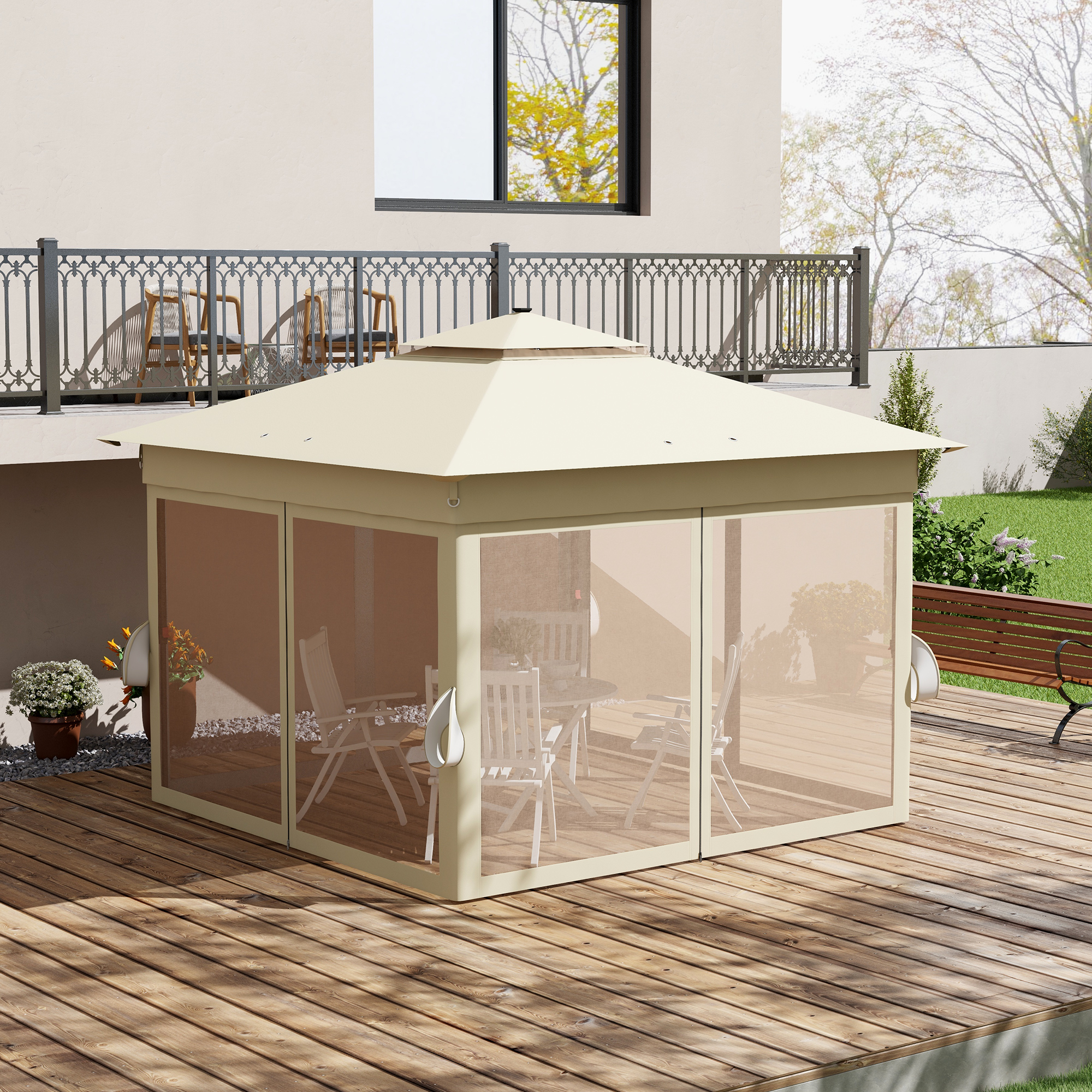 Pavillon 3,3x3,3m Wasserabweisend Pop-up Faltpavillon mit LED, Doppeldach, Moskitonetz 4 Seitenteilen Tasche
