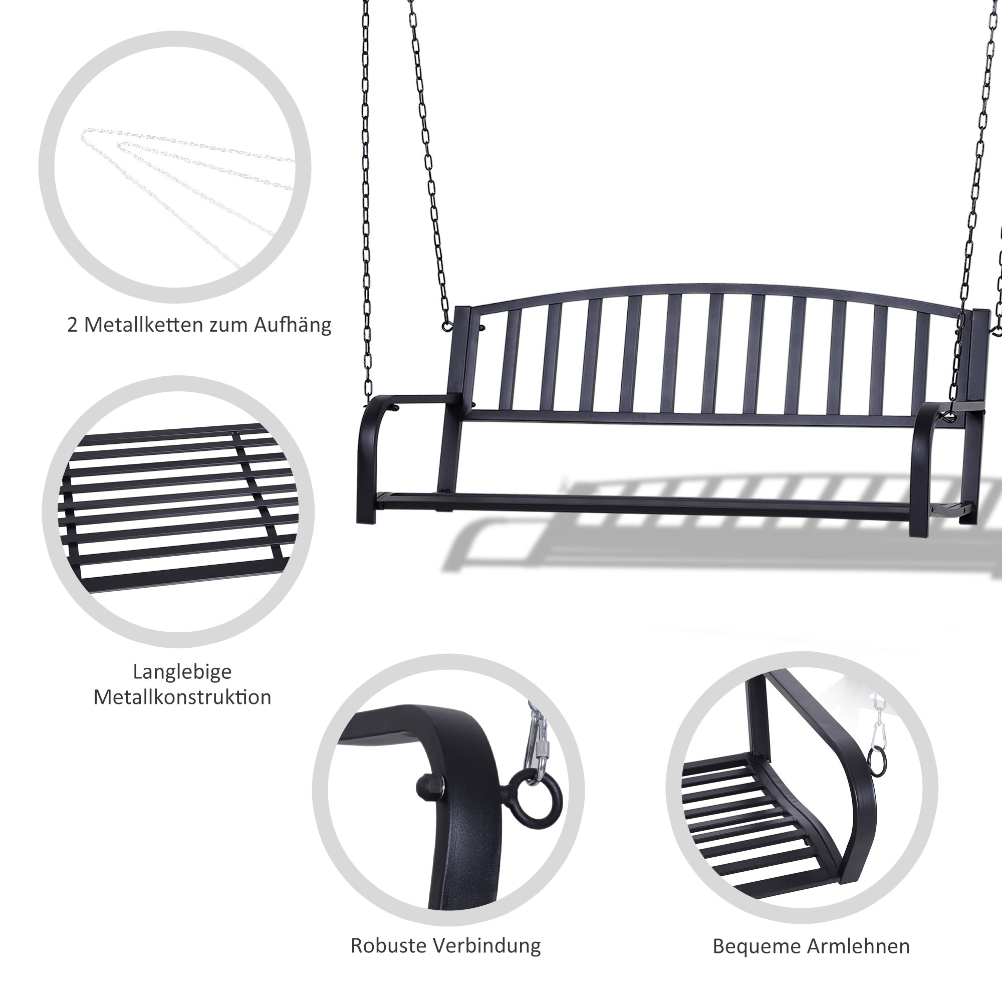 Hängebank 2-Sitzer Gartenschaukel Schaukelbank Hollywoodschaukel Schwebebank mit Ketten Metall Schwarz 127 x 60 x 53 cm