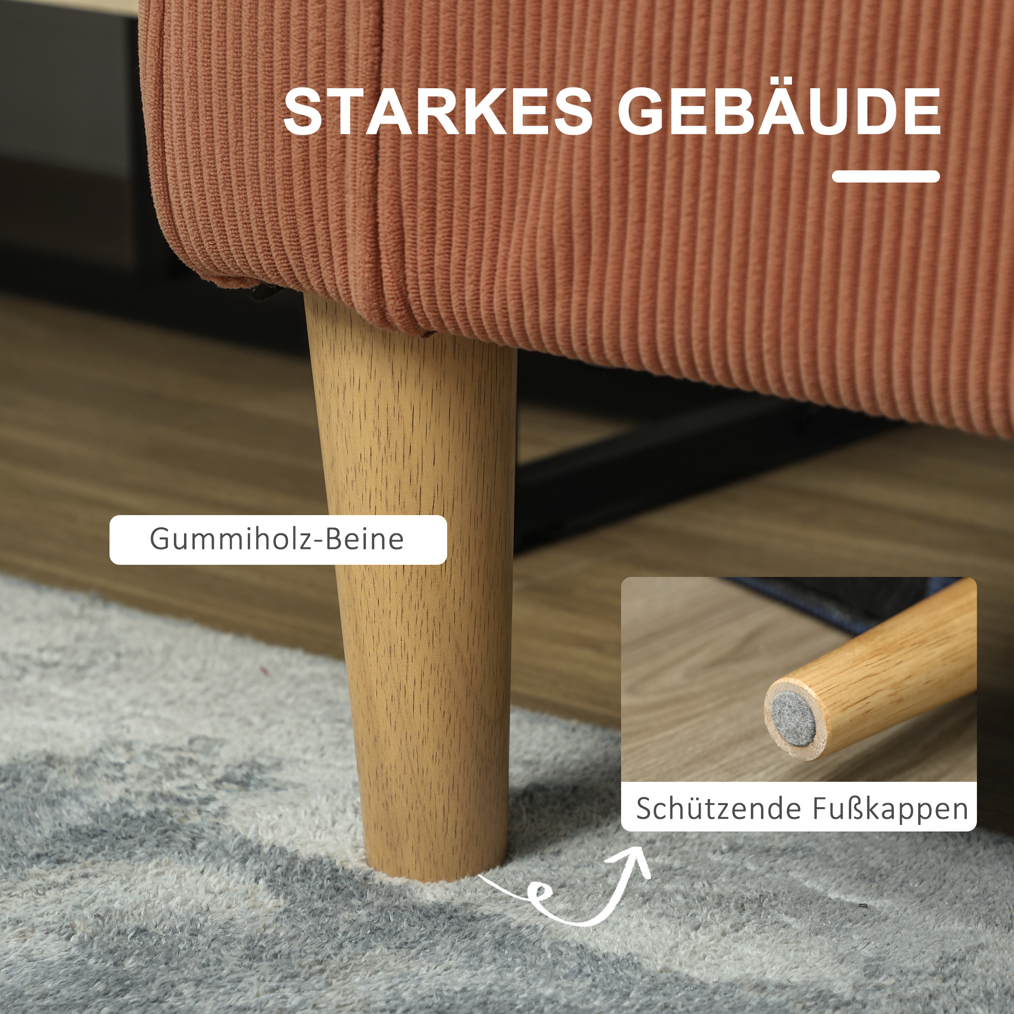 Zweisitzer-Sofa mit Stauraum und soliden Holzbeinen, für Wohnzimmer, Schlafzimmer, 117 x 63 x 79 cm, Orange
