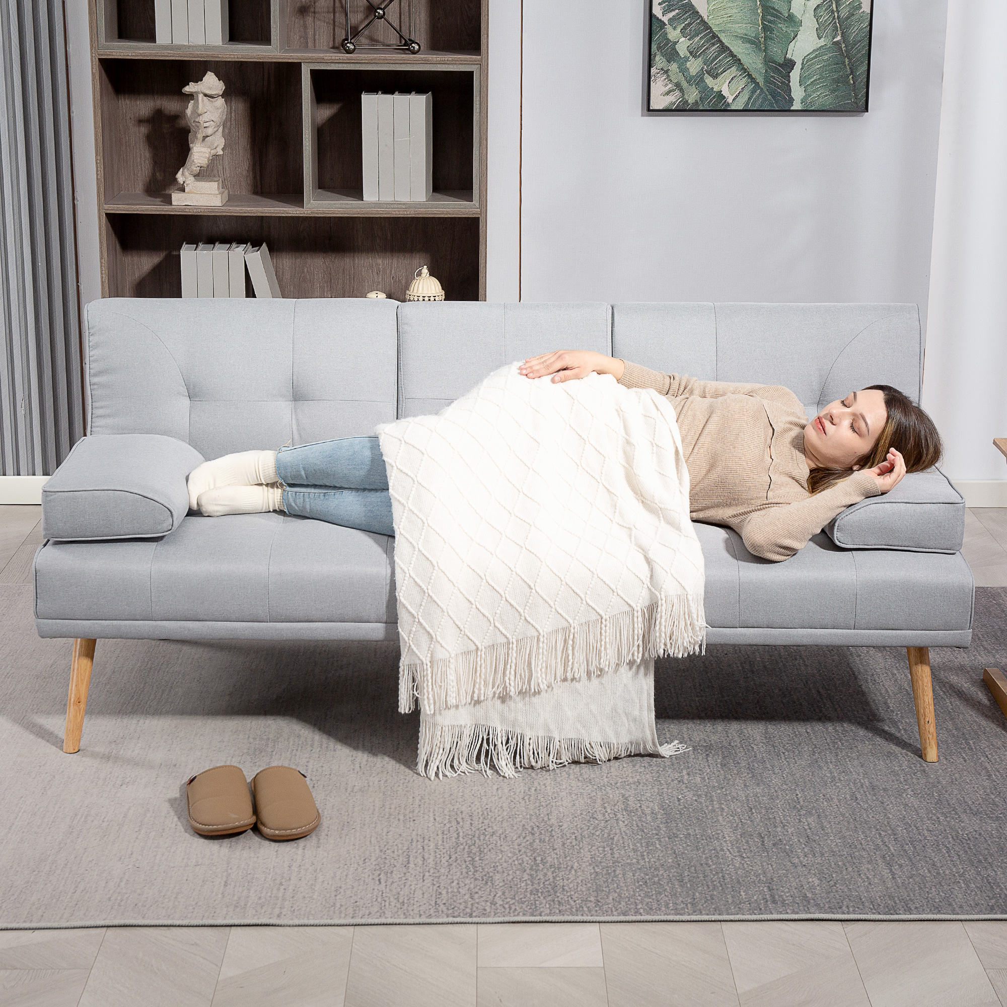 Schlafsofa, 3-Sitzer Sofa, Schlafcouch mit Klappbarem Tisch, Becherhalter, Bettsofa mit Leinenoptik, Couch Gästebet für Wohnzimmer, Hellgrau