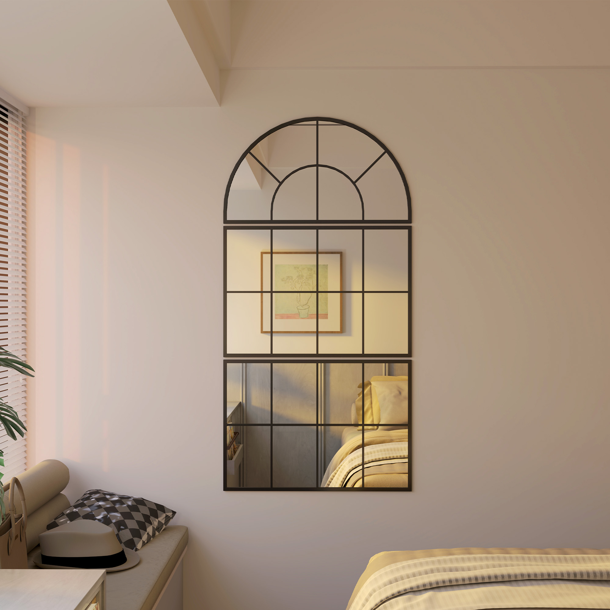 Wandspiegel, Fensterspiegel, dreiteilig, Metallrahmen, 76 x 53 cm, Schwarz