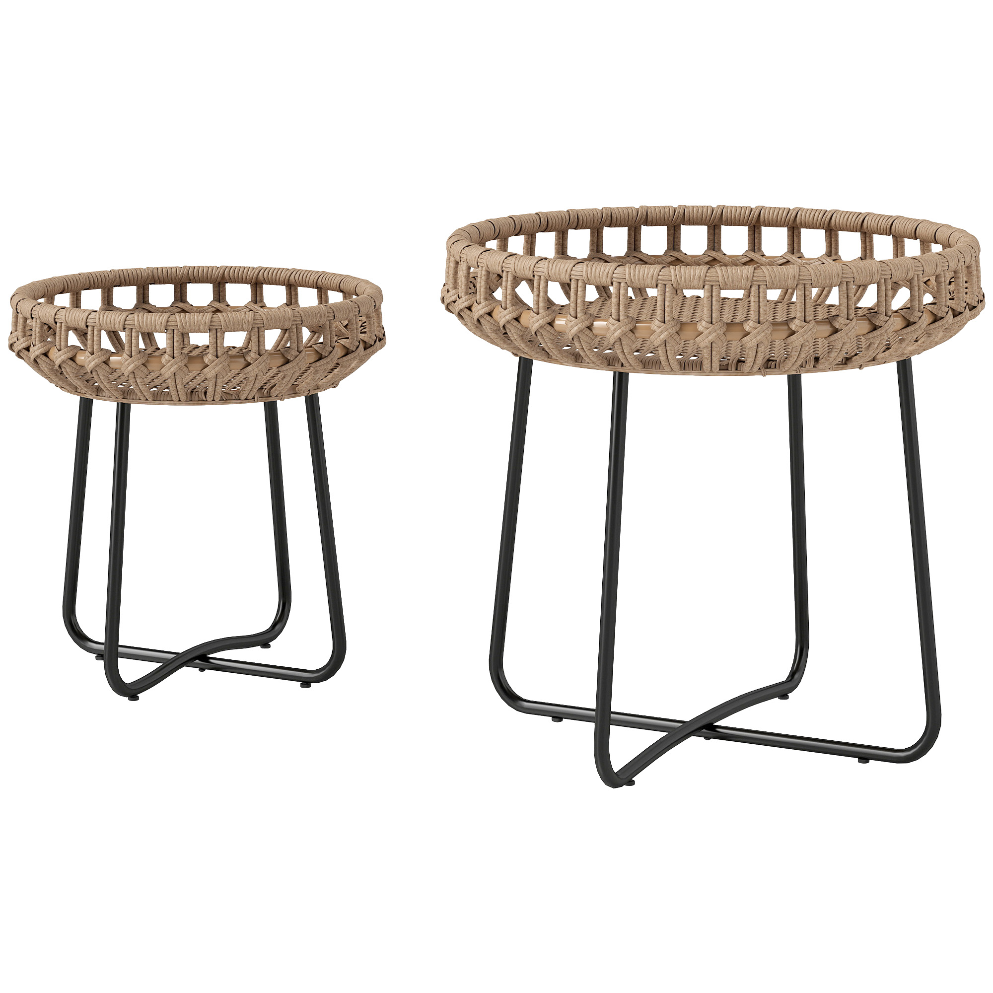 2er Set Beistelltisch Polyrattan Ø60/41 cm rund wetterfest Gartentisch mit X-Beine Verstellbare Fußpads Braun