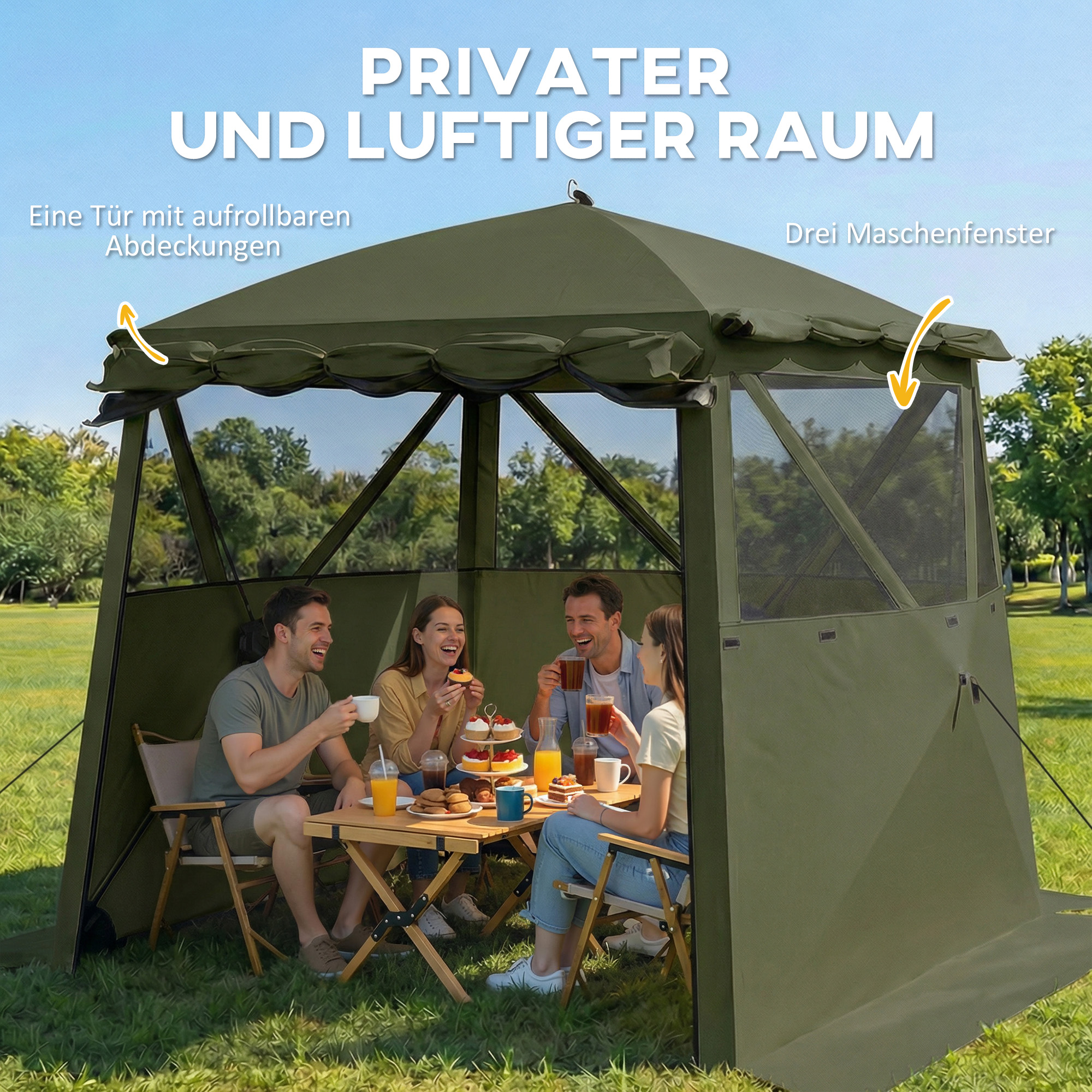 Pavillon 2x2m Wasserdicht Stabil Winterfest Pop-up Faltpavillon mit 4 Seitenteilen Netzfenstern Vortür UV 30+