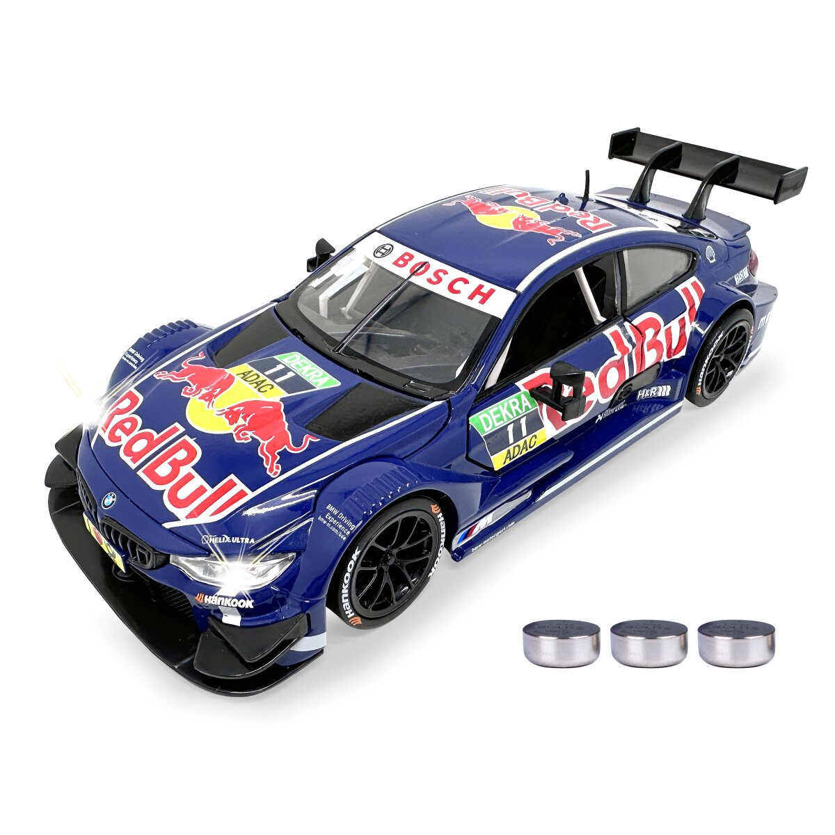 BMW M4 DTM Diecast 1:24 blau inkl. Knopfzellen