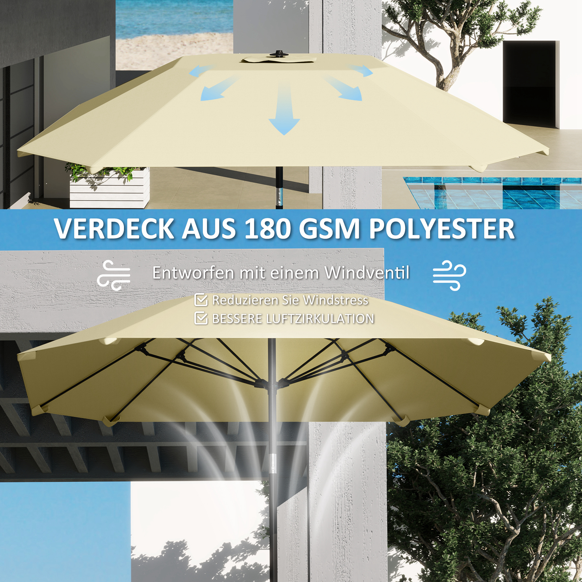 2,3 m Sonnenschirm ohne Basis, Verstellbarer Terrassenschirm mit Kurbel, Polyester, Aluminium, Fiberglas, Beige